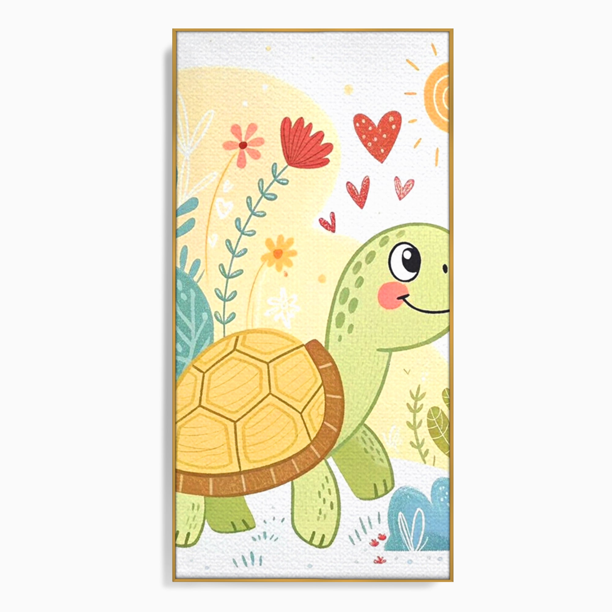 Tablou canvas cu ilustratie cu testoasa vesela printre flori, in rama de aluminiu auriu