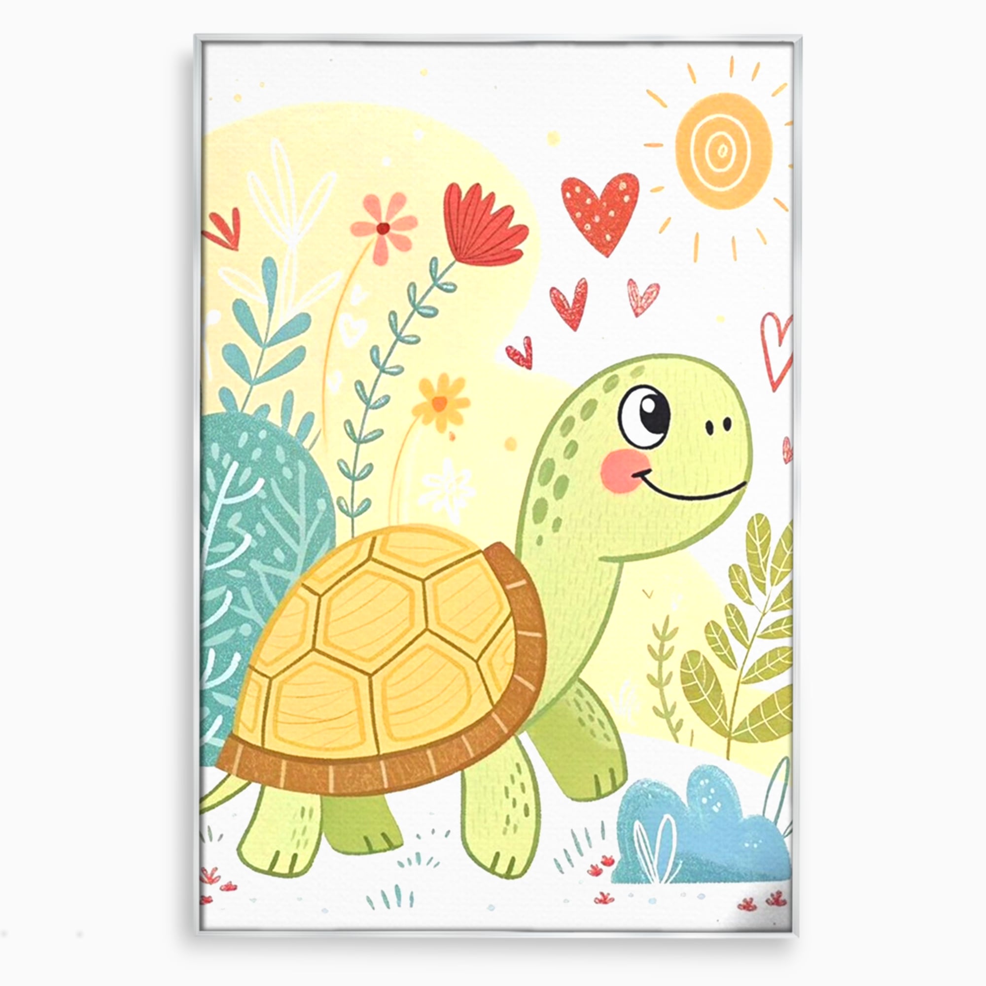 Tablou canvas cu ilustratie cu testoasa vesela printre flori, in rama de aluminiu argintiu