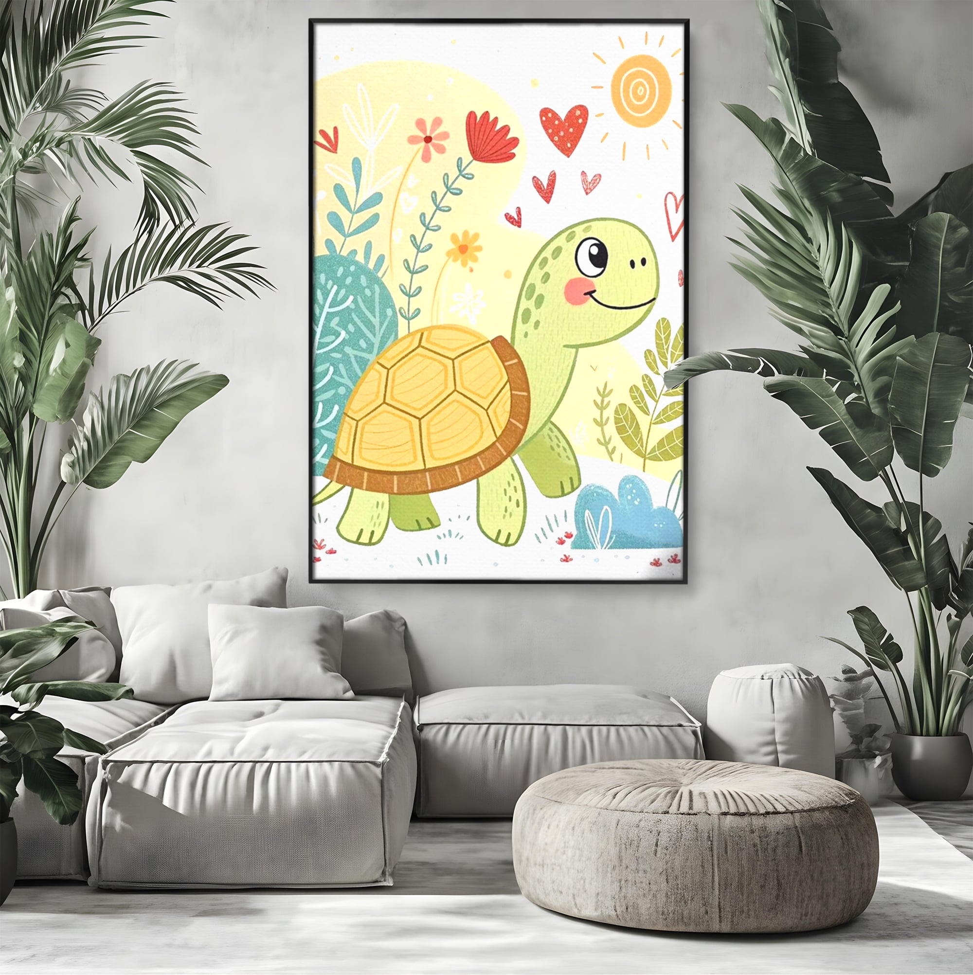 Tablou canvas cu ilustratie cu testoasa vesela printre flori, in rama de aluminiu negru, pe perete intr-un living