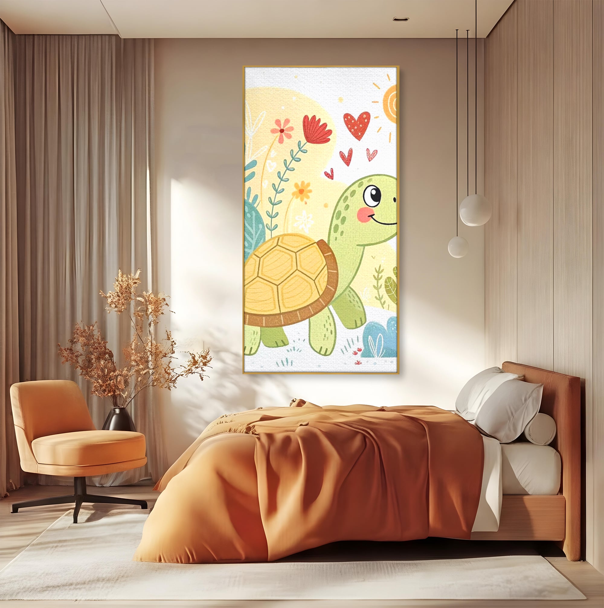 Tablou canvas cu ilustratie cu testoasa vesela printre flori, in rama de aluminiu auriu, pe perete intr-un dormitor
