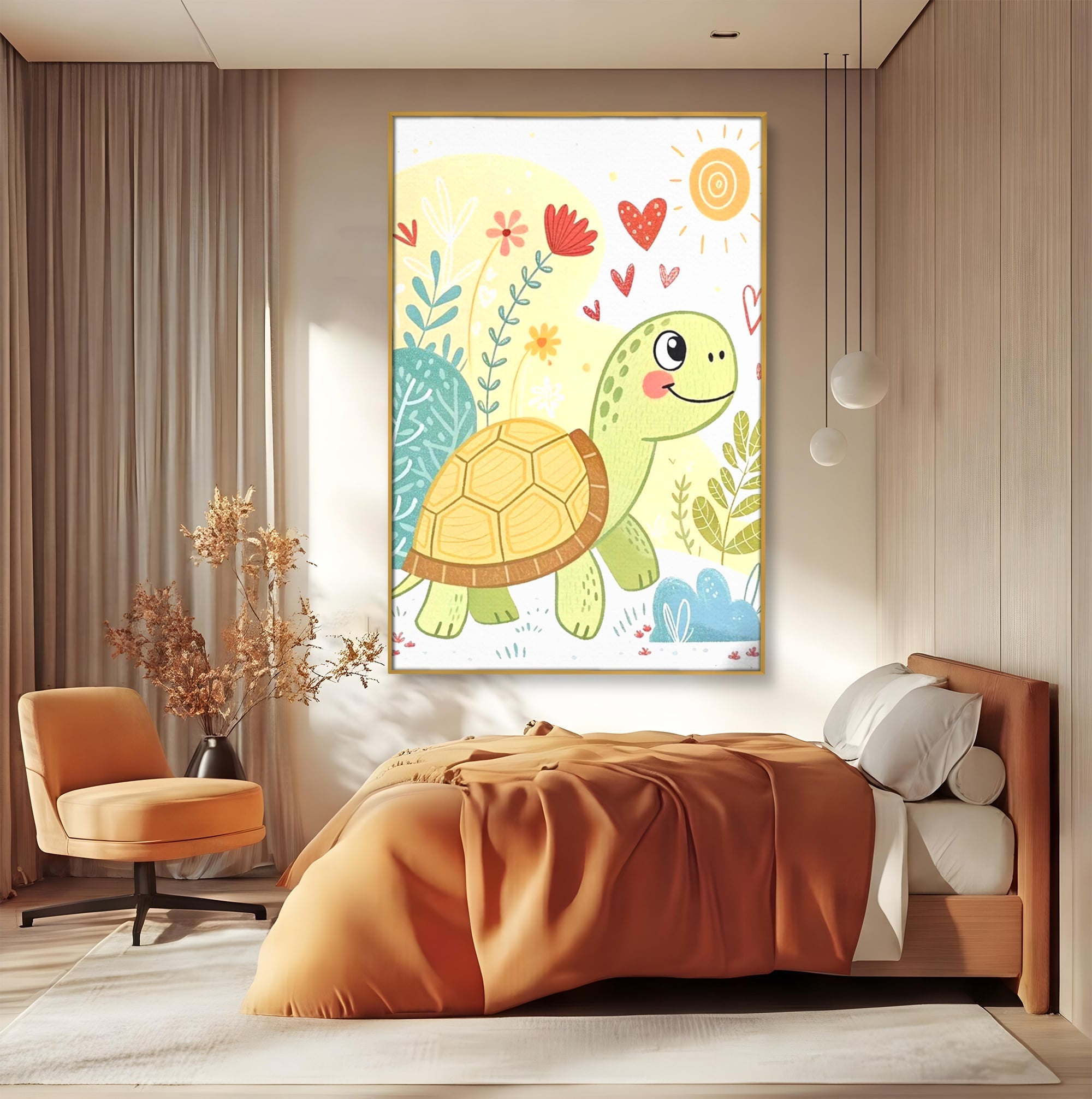 Tablou canvas cu ilustratie cu testoasa vesela printre flori, in rama de aluminiu auriu, pe perete intr-un dormitor
