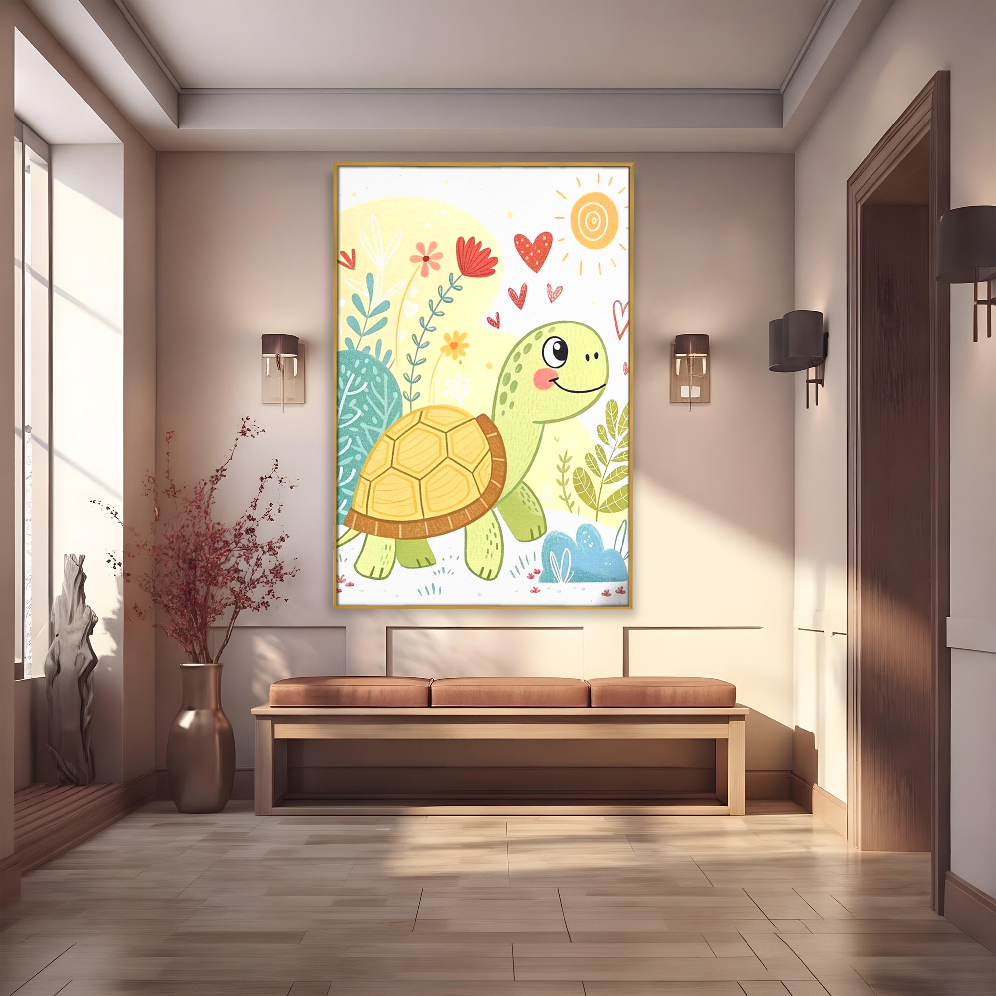Tablou canvas cu ilustratie cu testoasa vesela printre flori, in rama de aluminiu auriu