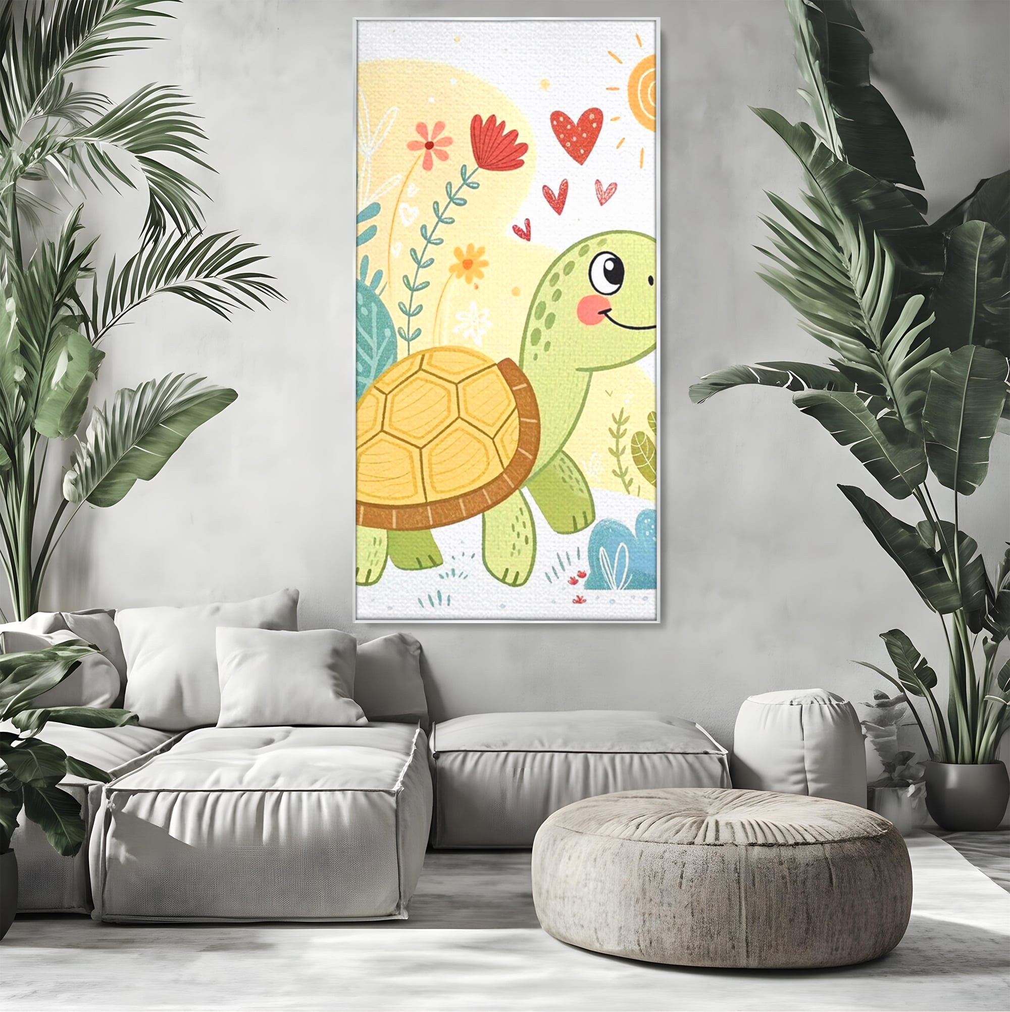 Tablou canvas cu ilustratie cu testoasa vesela printre flori, in rama de aluminiu argintiu, pe perete intr-un living