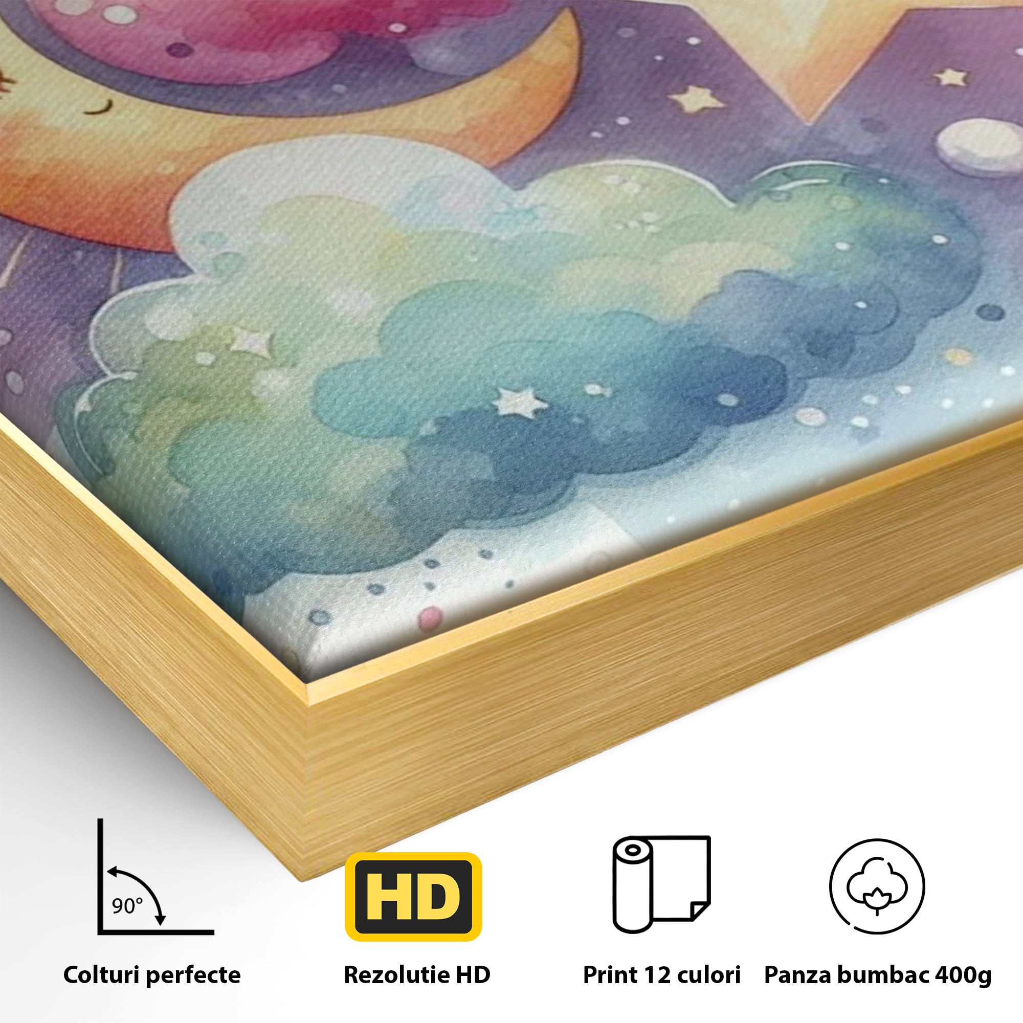 Detaliu al suprafetei: ilustratie acuarela cu luna si stea, in rama de aluminiu auriu