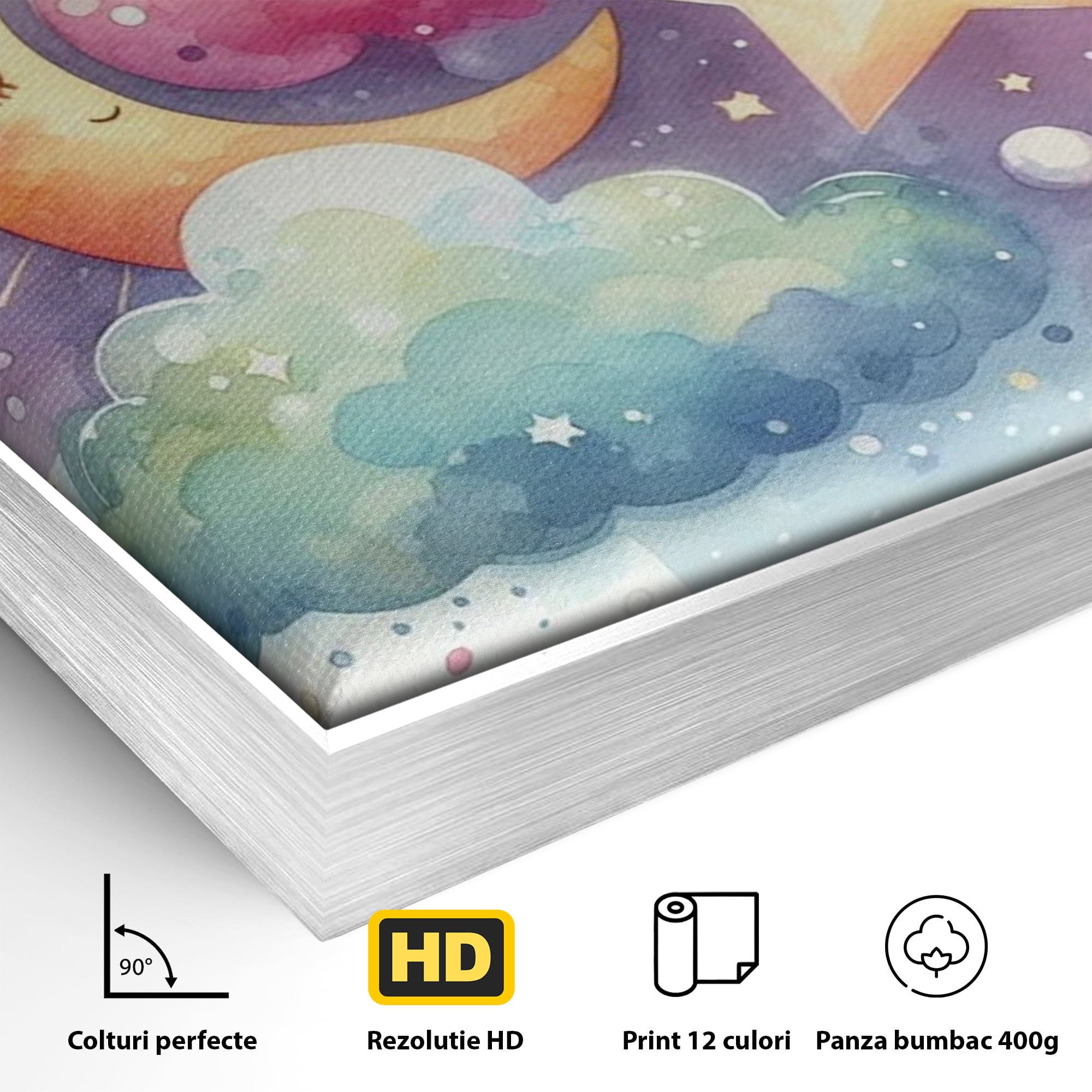 Detaliu al suprafetei: ilustratie acuarela cu luna si stea, in rama de aluminiu argintiu