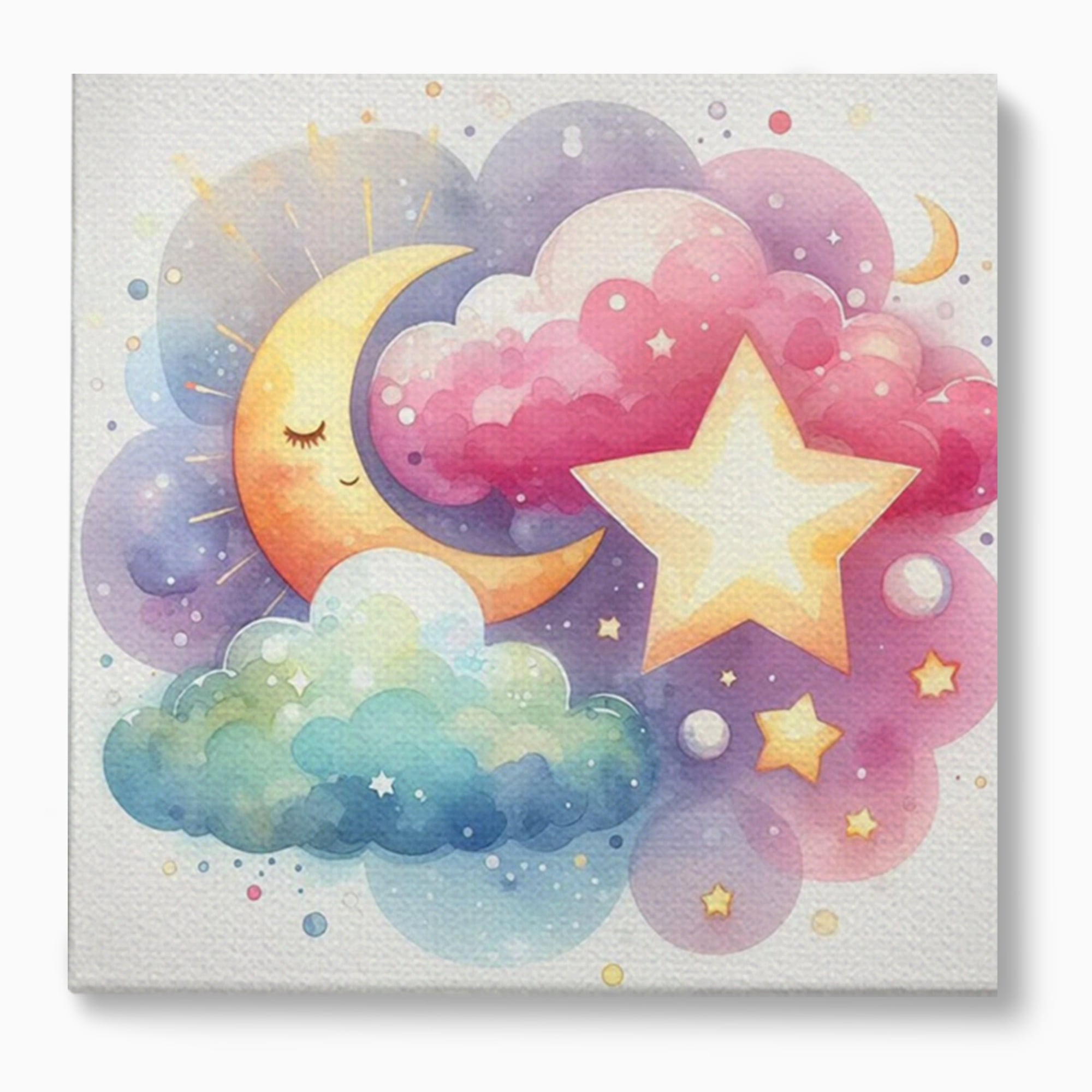 Tablou canvas cu ilustratie acuarela cu luna si stea, fara rama, pe sasiu de lemn