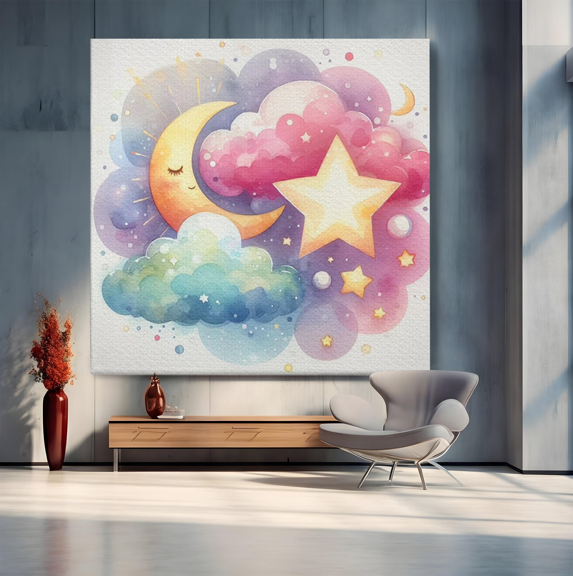 Tablou canvas cu ilustratie acuarela cu luna si stea, fara rama, pe sasiu de lemn