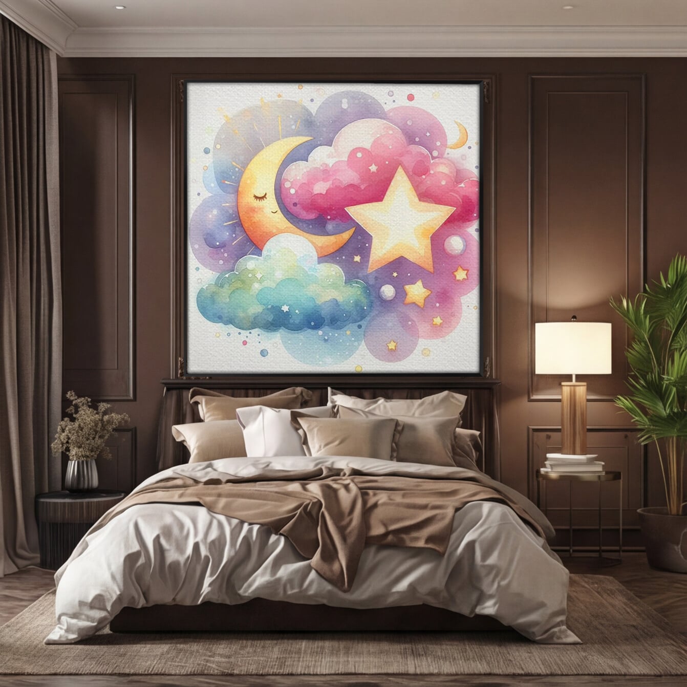Tablou canvas cu ilustratie acuarela cu luna si stea, in rama de aluminiu negru, pe perete intr-un dormitor