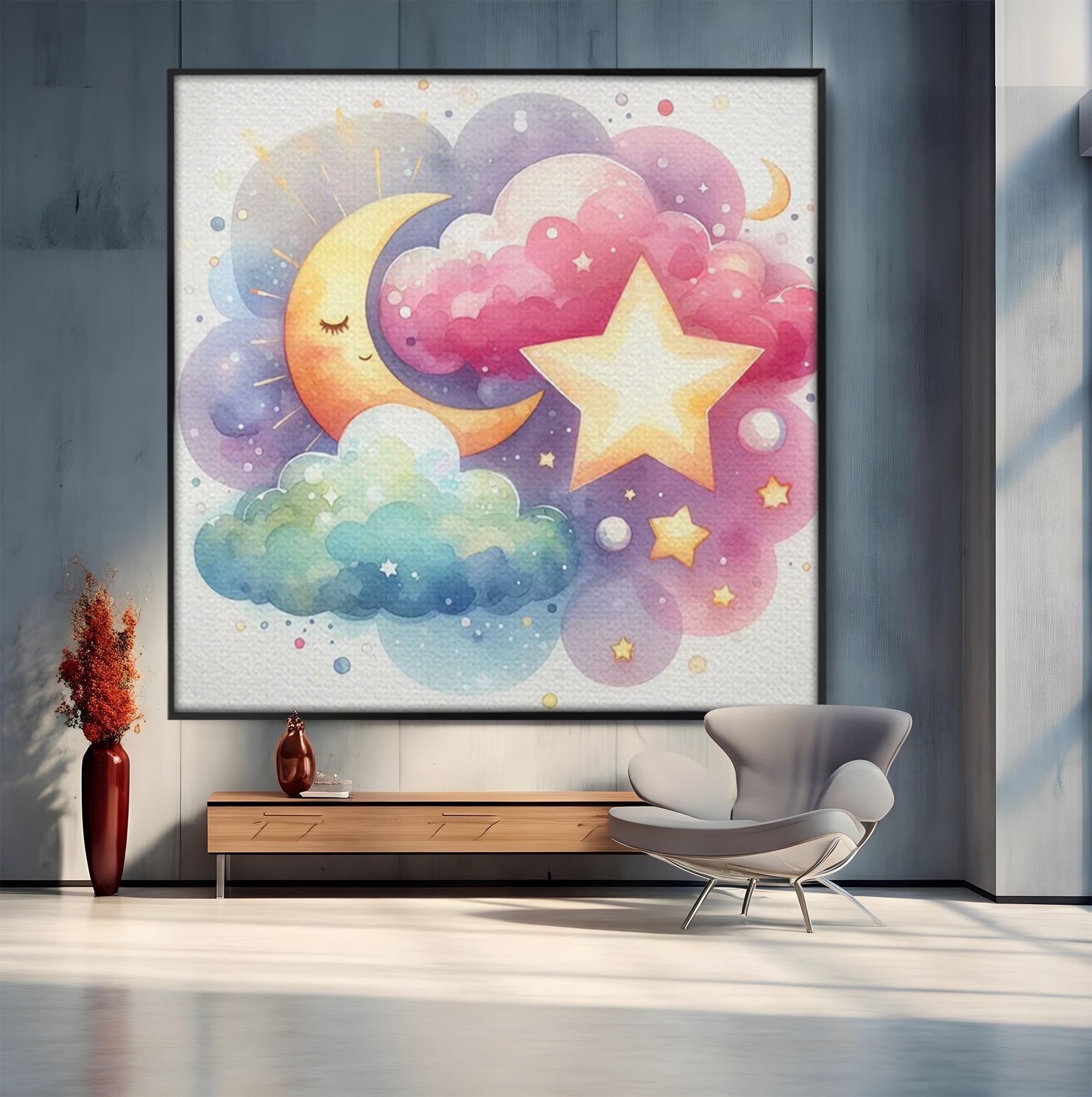 Tablou canvas cu ilustratie acuarela cu luna si stea, in rama de aluminiu negru