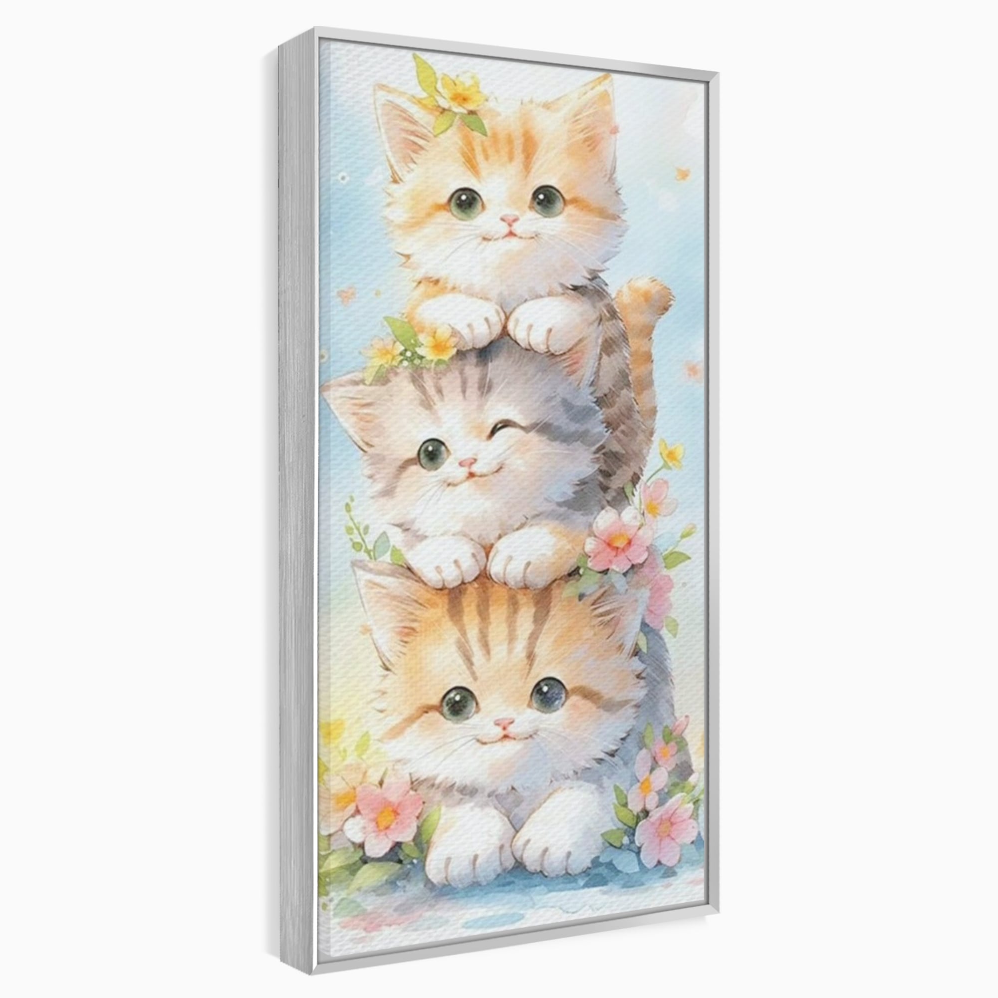 Tablou canvas cu turn vertical cu trei pisicute pufoase, in rama de aluminiu argintiu