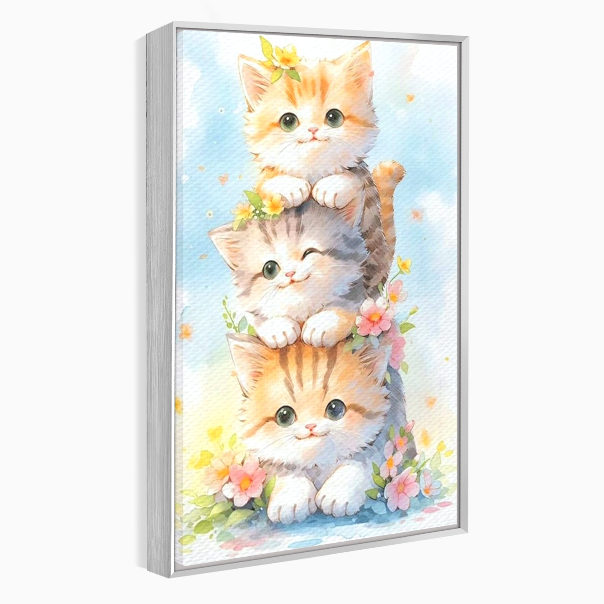 Tablou canvas cu turn vertical cu trei pisicute pufoase, in rama de aluminiu argintiu