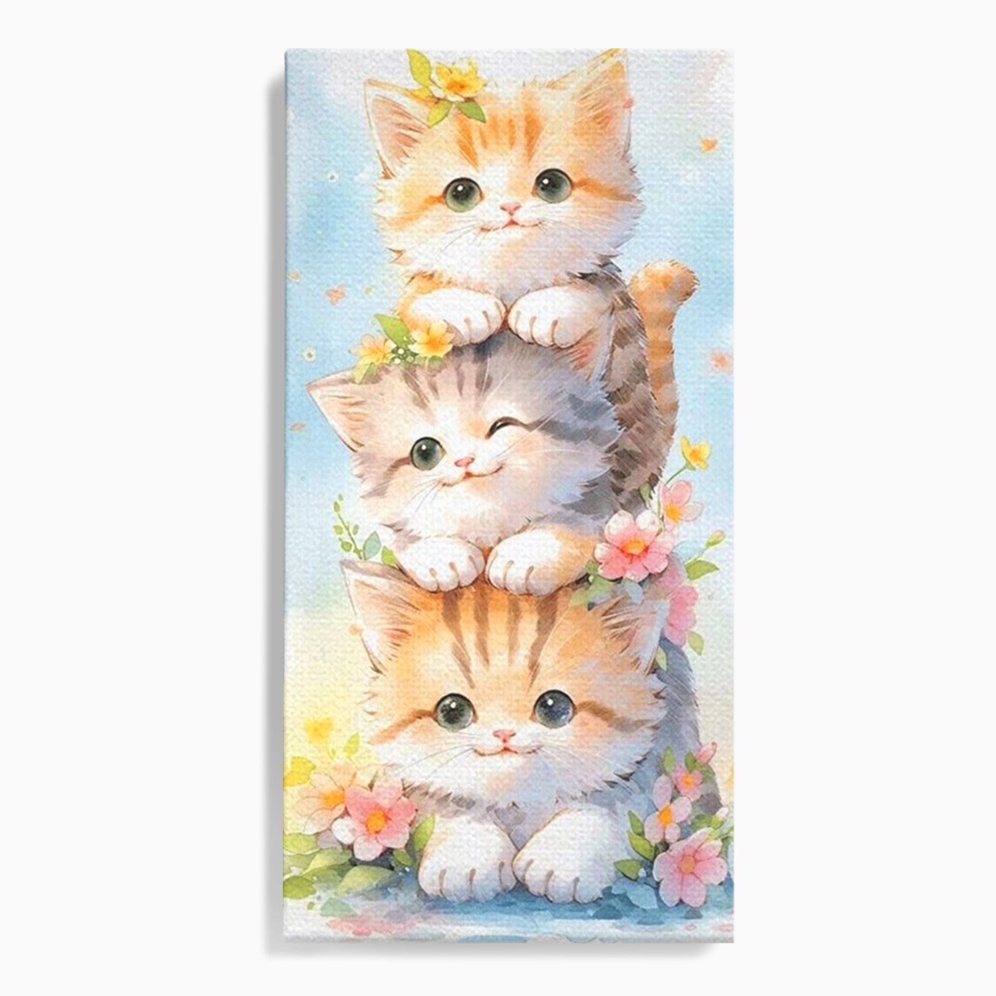 Tablou canvas cu turn vertical cu trei pisicute pufoase, fara rama, pe sasiu de lemn