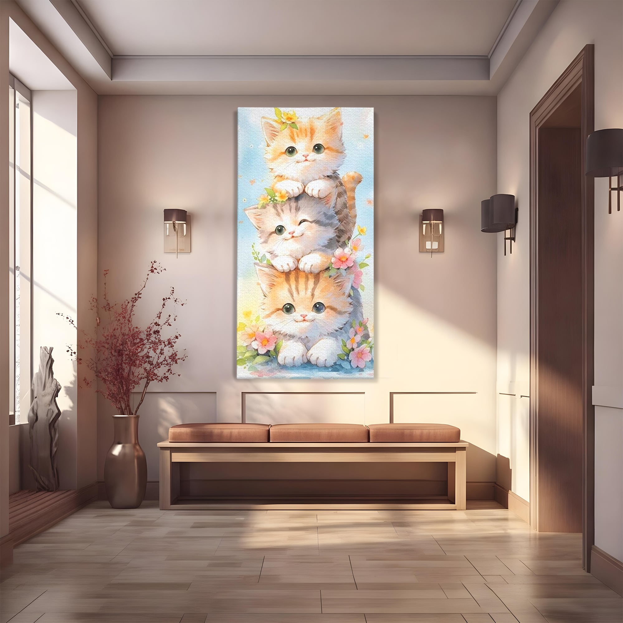 Tablou canvas cu turn vertical cu trei pisicute pufoase, fara rama, pe sasiu de lemn