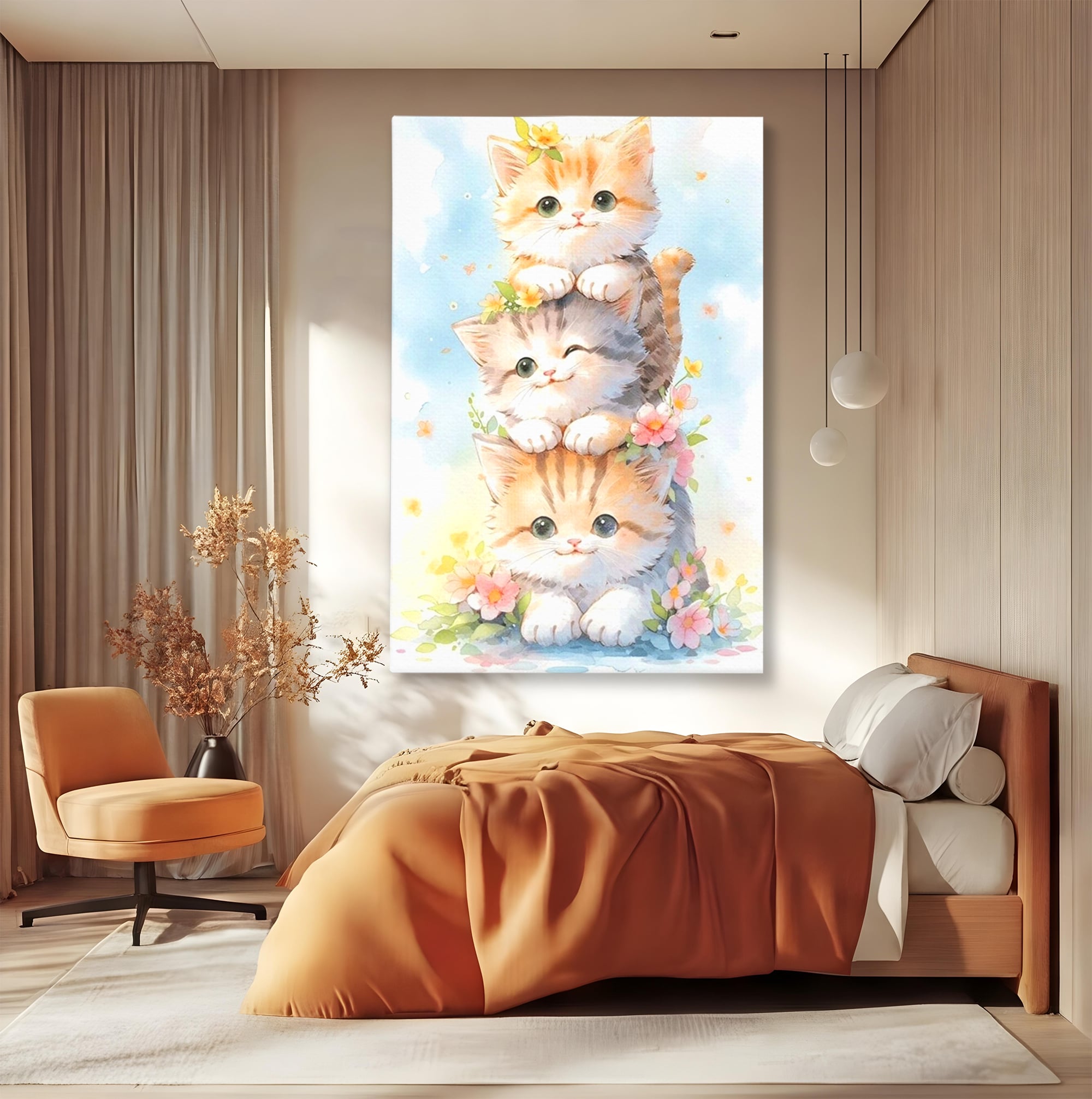 Tablou canvas cu turn vertical cu trei pisicute pufoase, fara rama, pe sasiu de lemn, pe perete intr-un dormitor