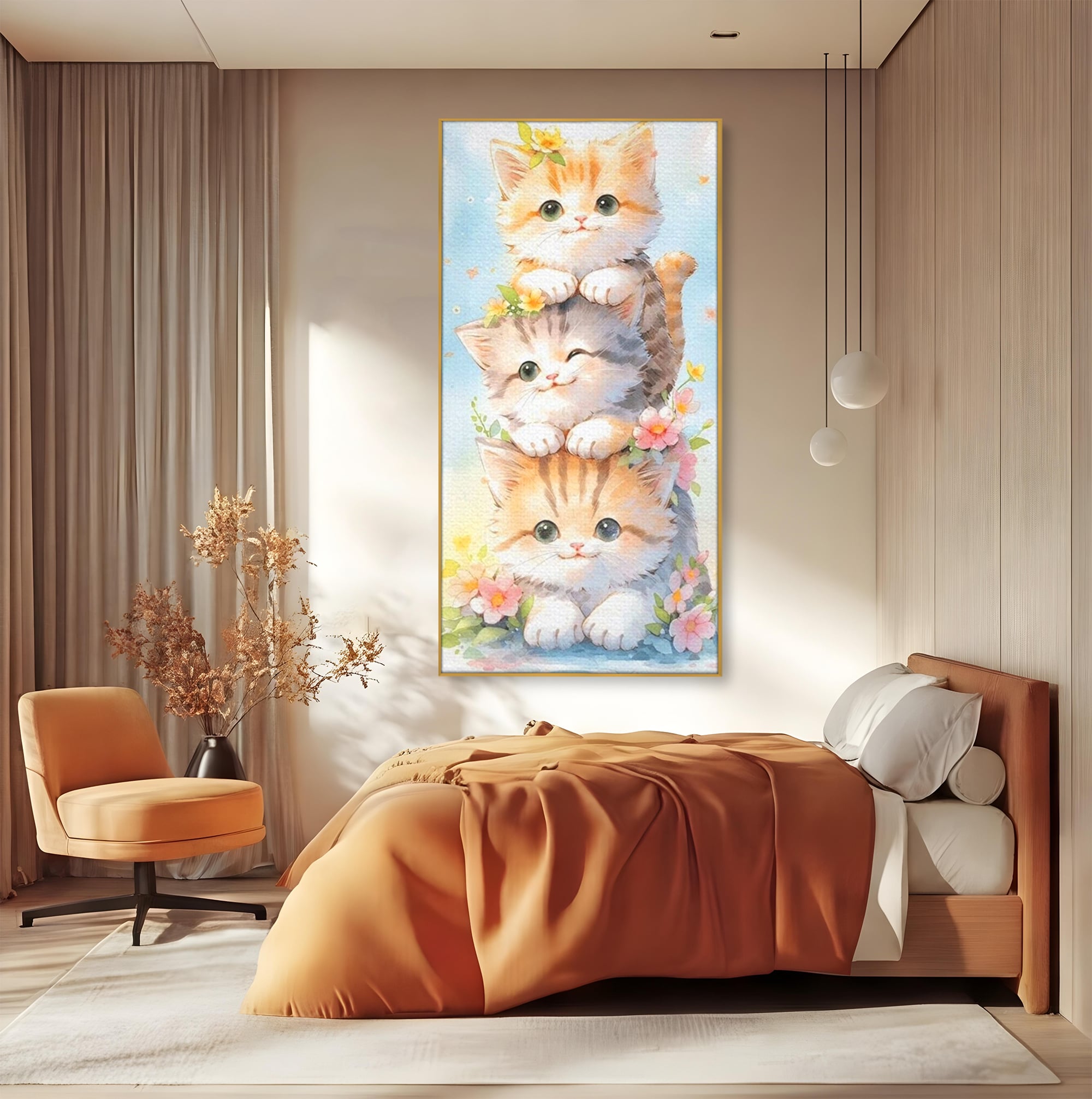 Tablou canvas cu turn vertical cu trei pisicute pufoase, in rama de aluminiu auriu, pe perete intr-un dormitor