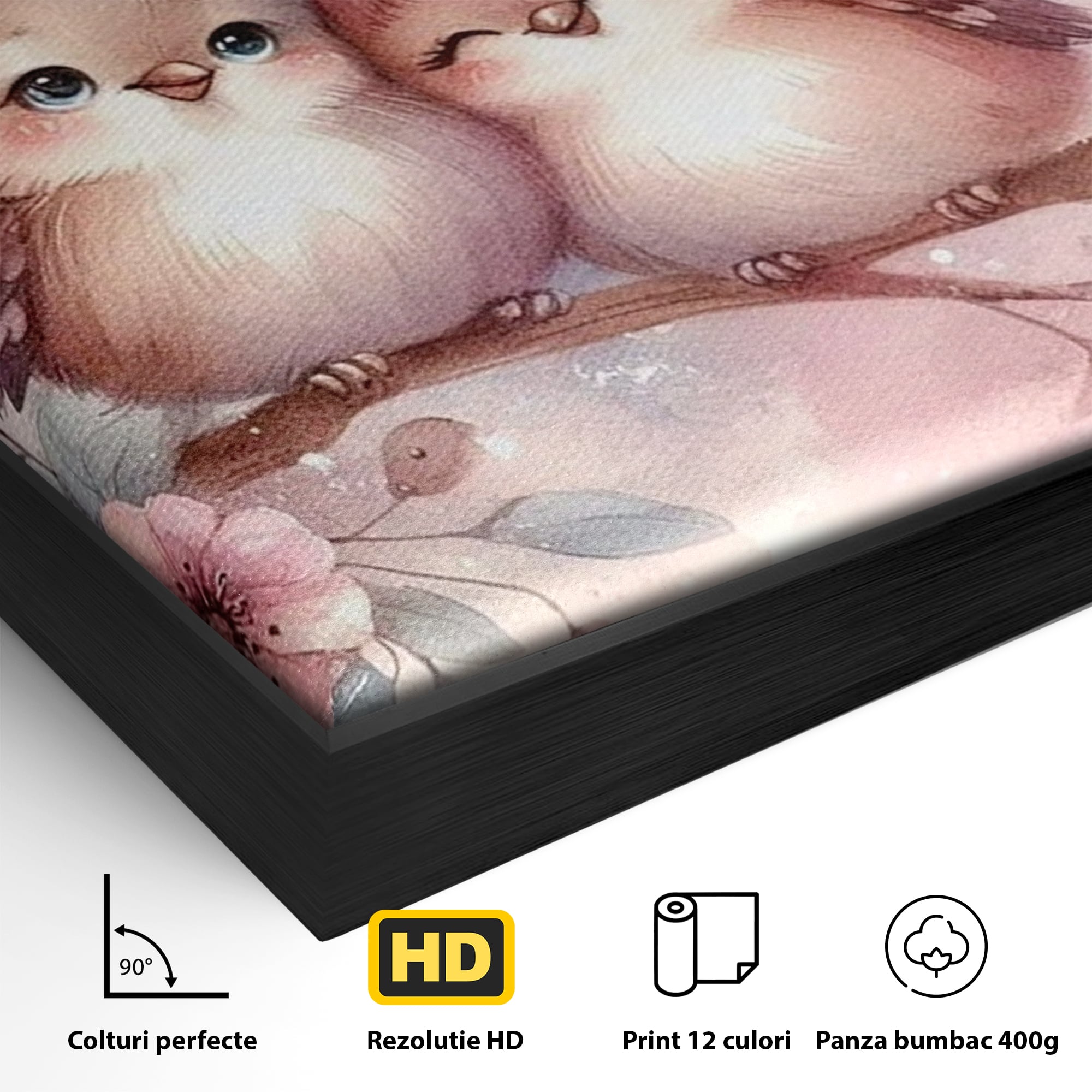 Detaliu al suprafetei: tablou canvas cu pasarele si inimioare, in rama de aluminiu negru