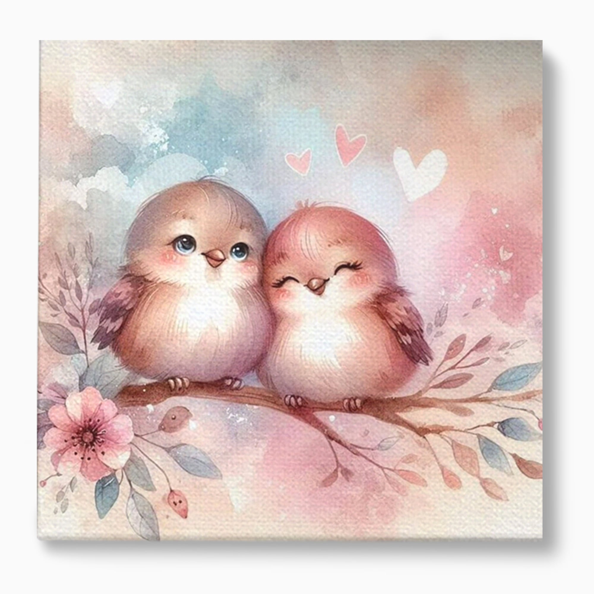 Tablou canvas cu tablou canvas cu pasarele si inimioare, fara rama, pe sasiu de lemn