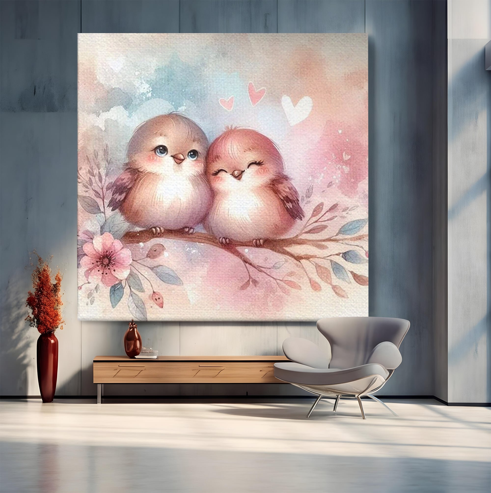 Tablou canvas cu tablou canvas cu pasarele si inimioare, fara rama, pe sasiu de lemn