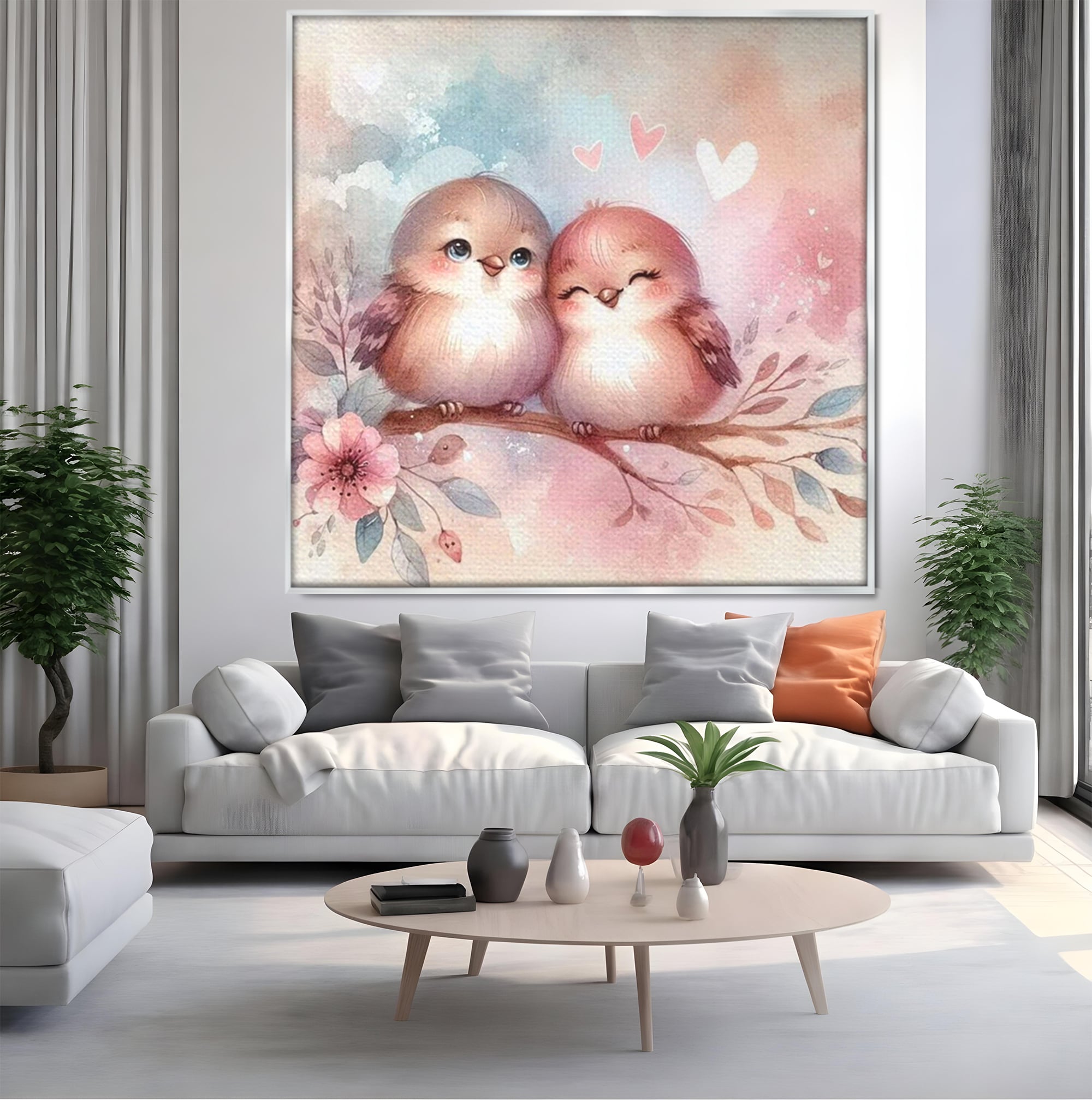Tablou canvas cu tablou canvas cu pasarele si inimioare, in rama de aluminiu argintiu, pe perete intr-un living