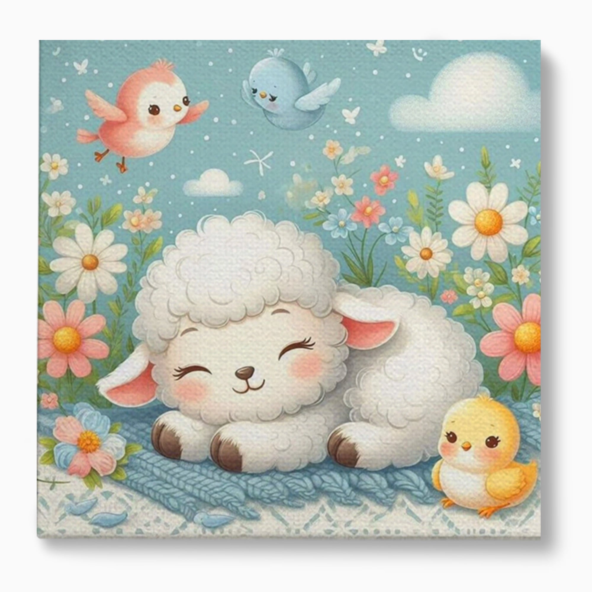 Tablou canvas cu tablou canvas cu mielusel si pasarele, fara rama, pe sasiu de lemn
