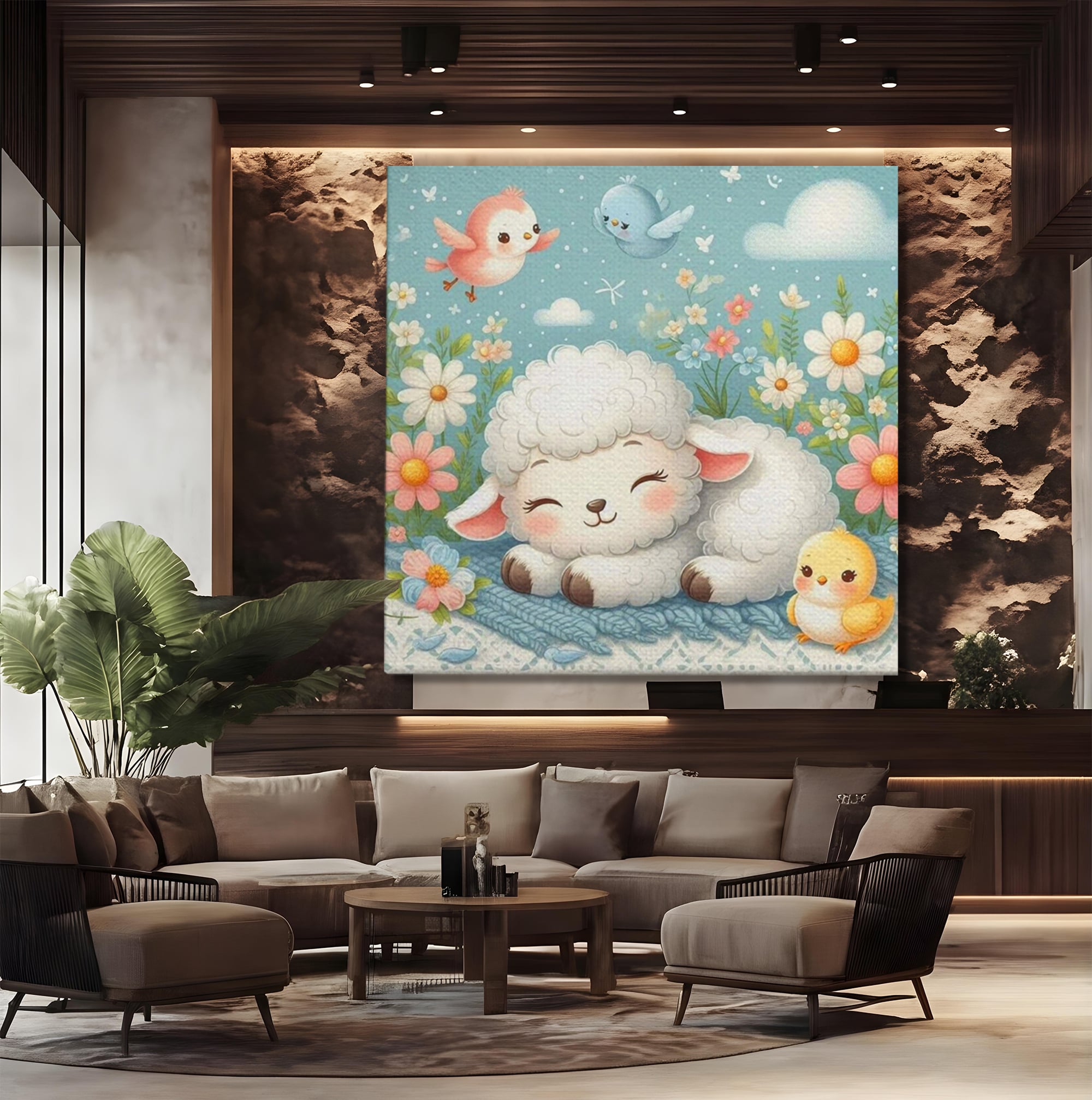 Tablou canvas cu tablou canvas cu mielusel si pasarele, fara rama, pe sasiu de lemn, pe perete intr-un birou