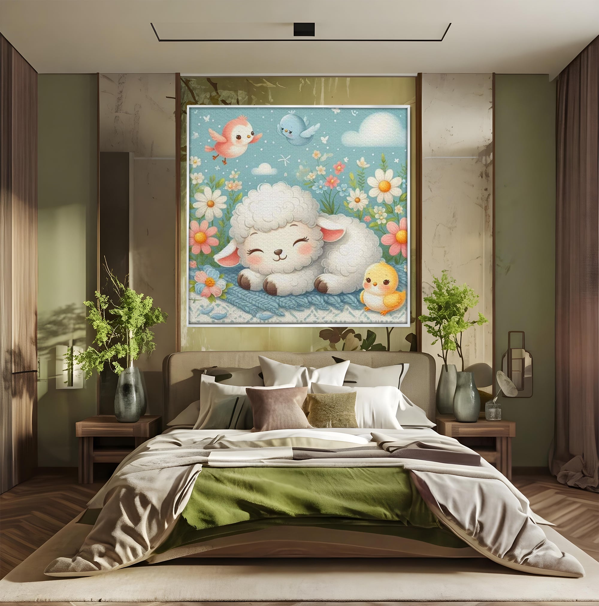 Tablou canvas cu tablou canvas cu mielusel si pasarele, in rama de aluminiu argintiu, pe perete intr-un dormitor