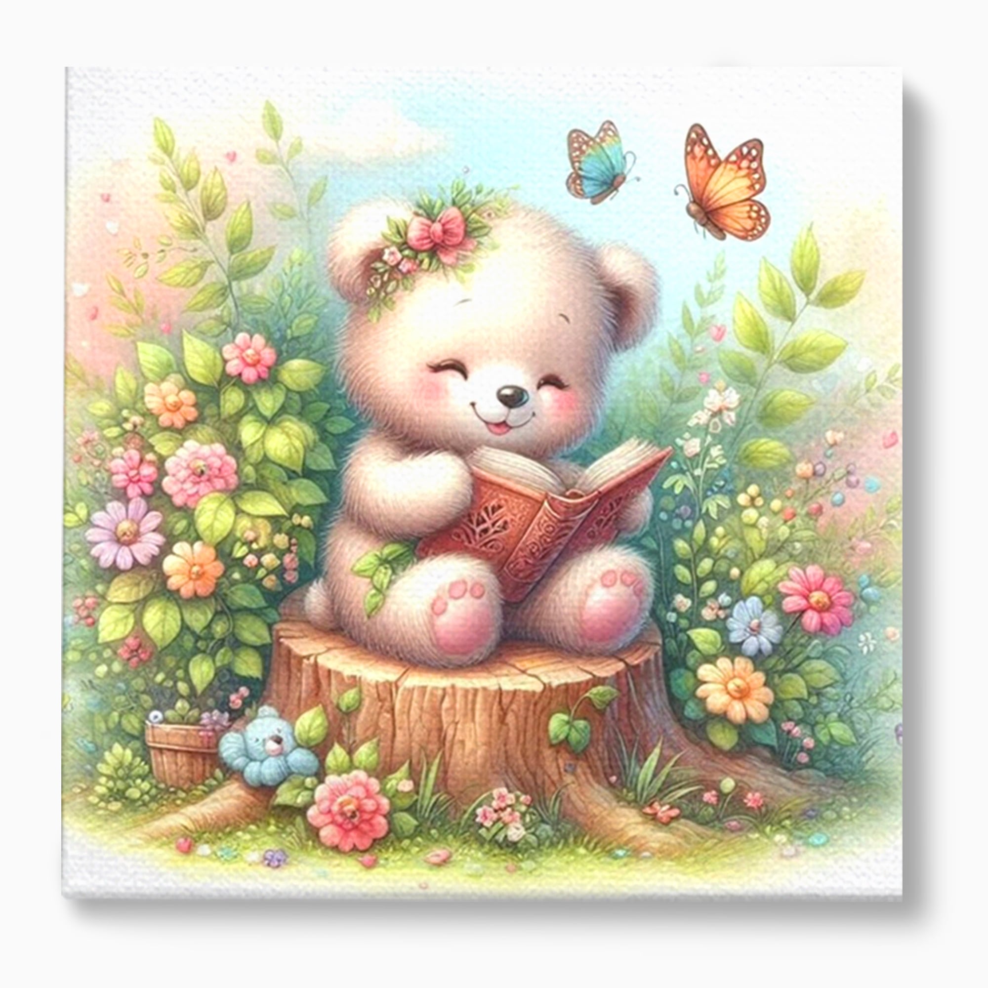 Tablou canvas cu tablou canvas cu ursulet cititor, fara rama, pe sasiu de lemn