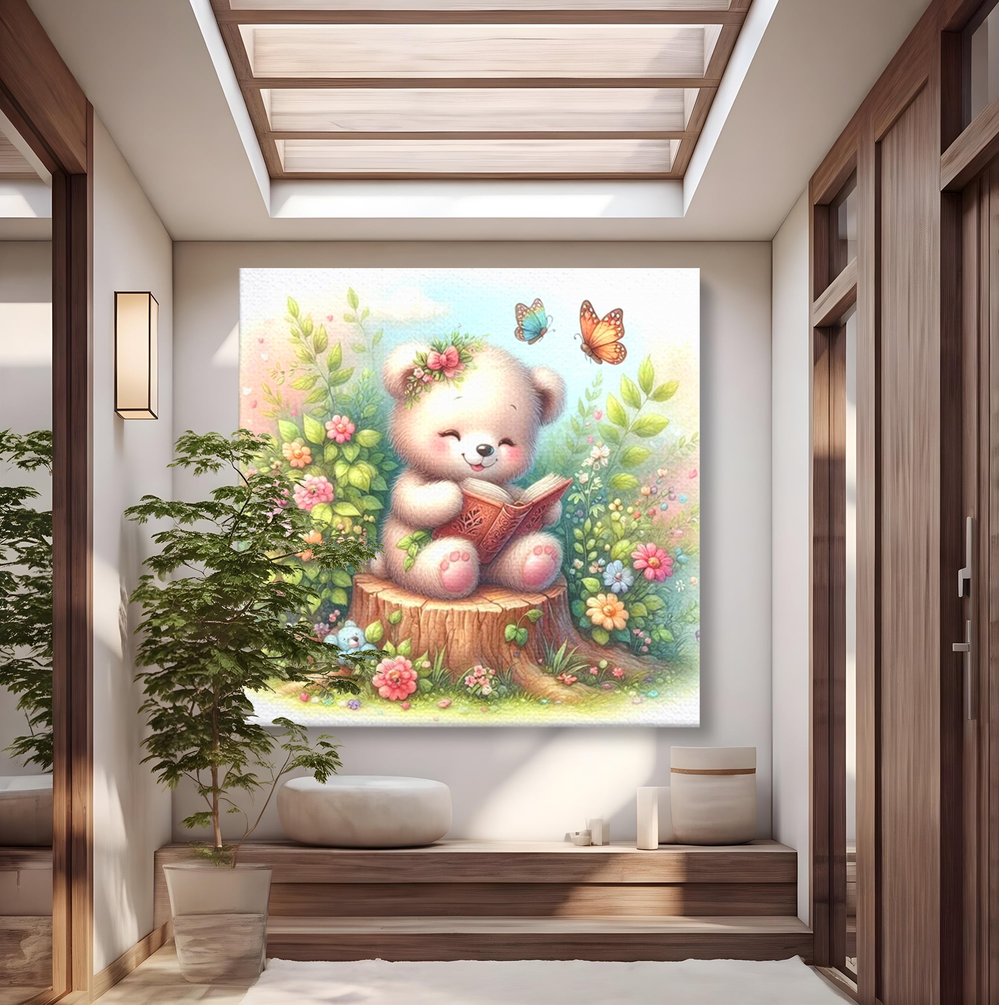 Tablou canvas cu tablou canvas cu ursulet cititor, fara rama, pe sasiu de lemn