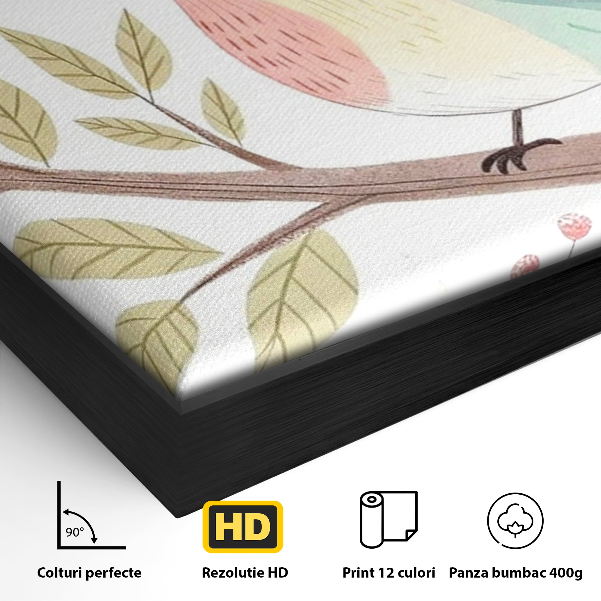 Detaliu al suprafetei: tablou canvas cu pasare pe ramura, in rama de aluminiu negru