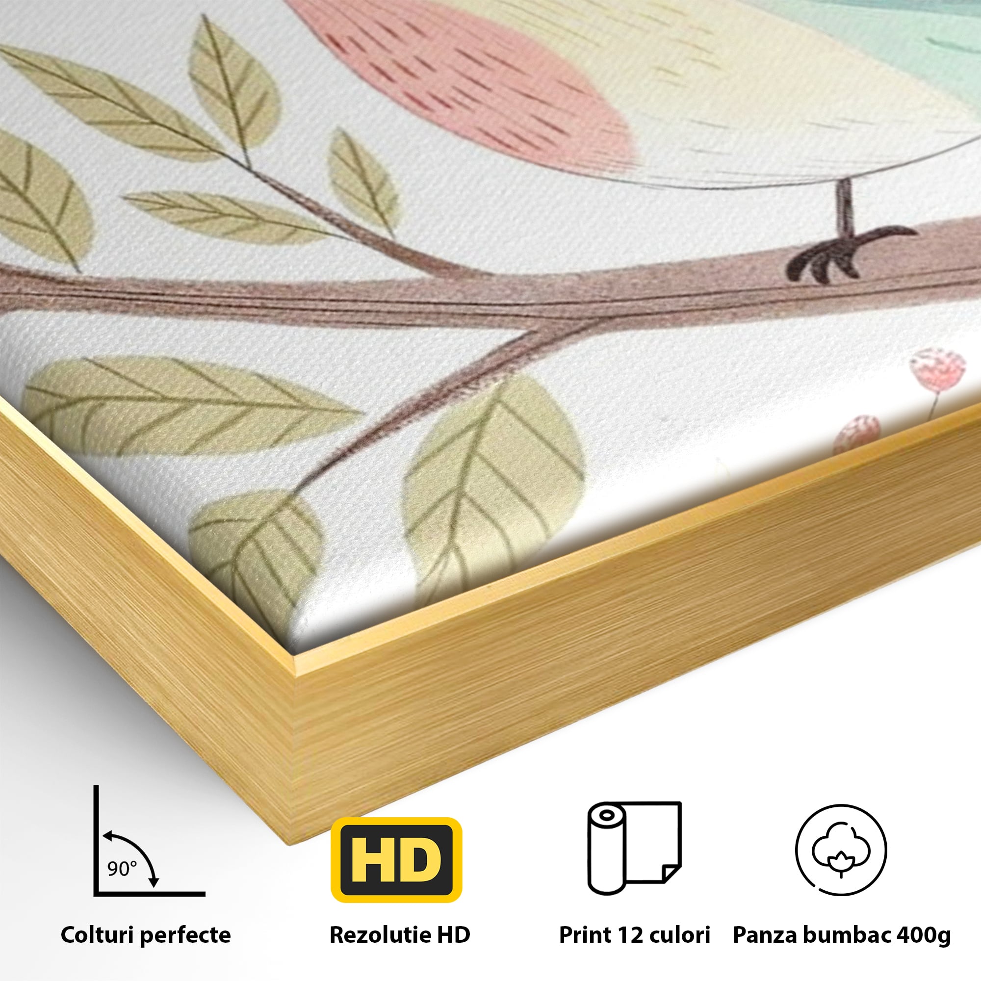 Detaliu al suprafetei: tablou canvas cu pasare pe ramura, in rama de aluminiu auriu
