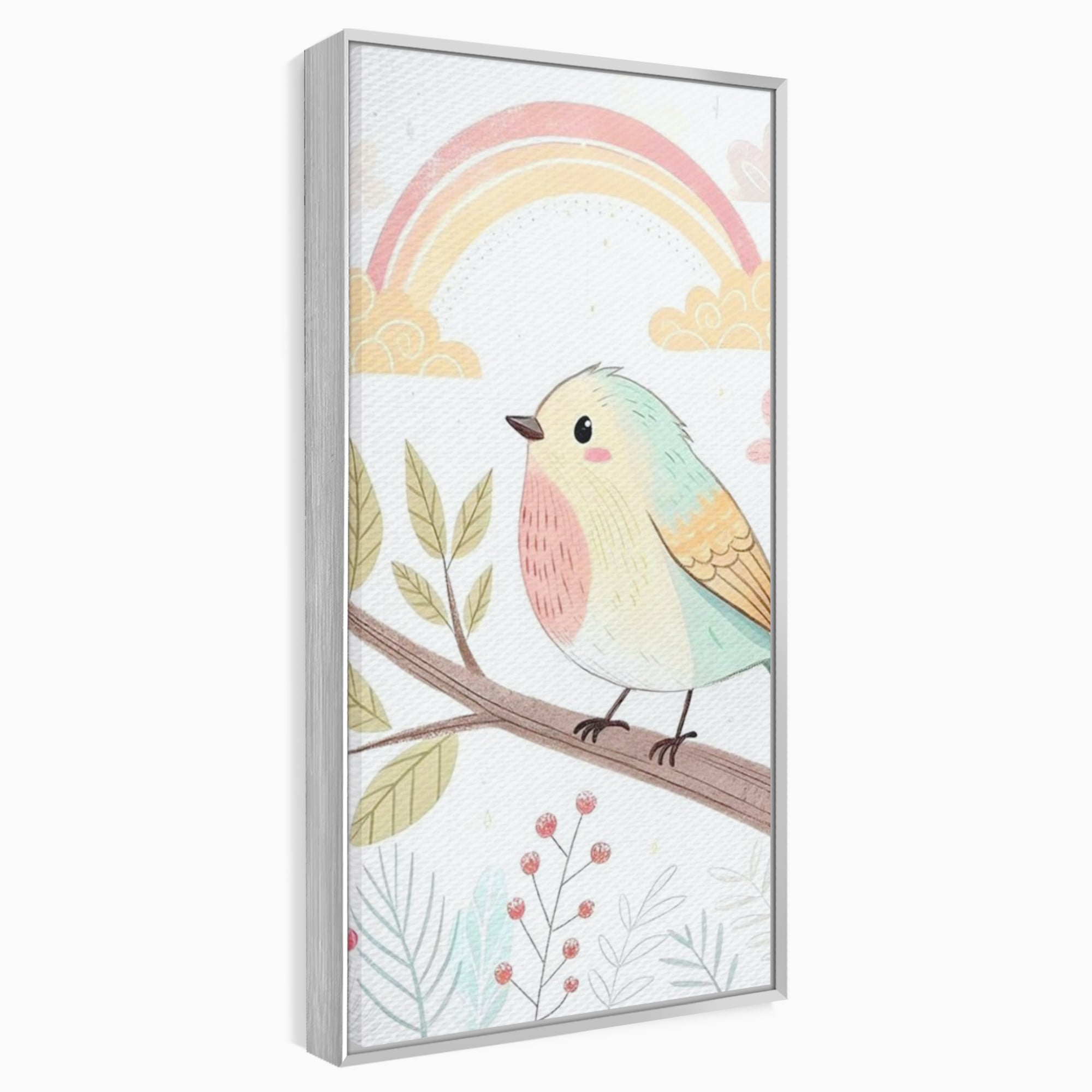 Tablou canvas cu tablou canvas cu pasare pe ramura, in rama de aluminiu argintiu