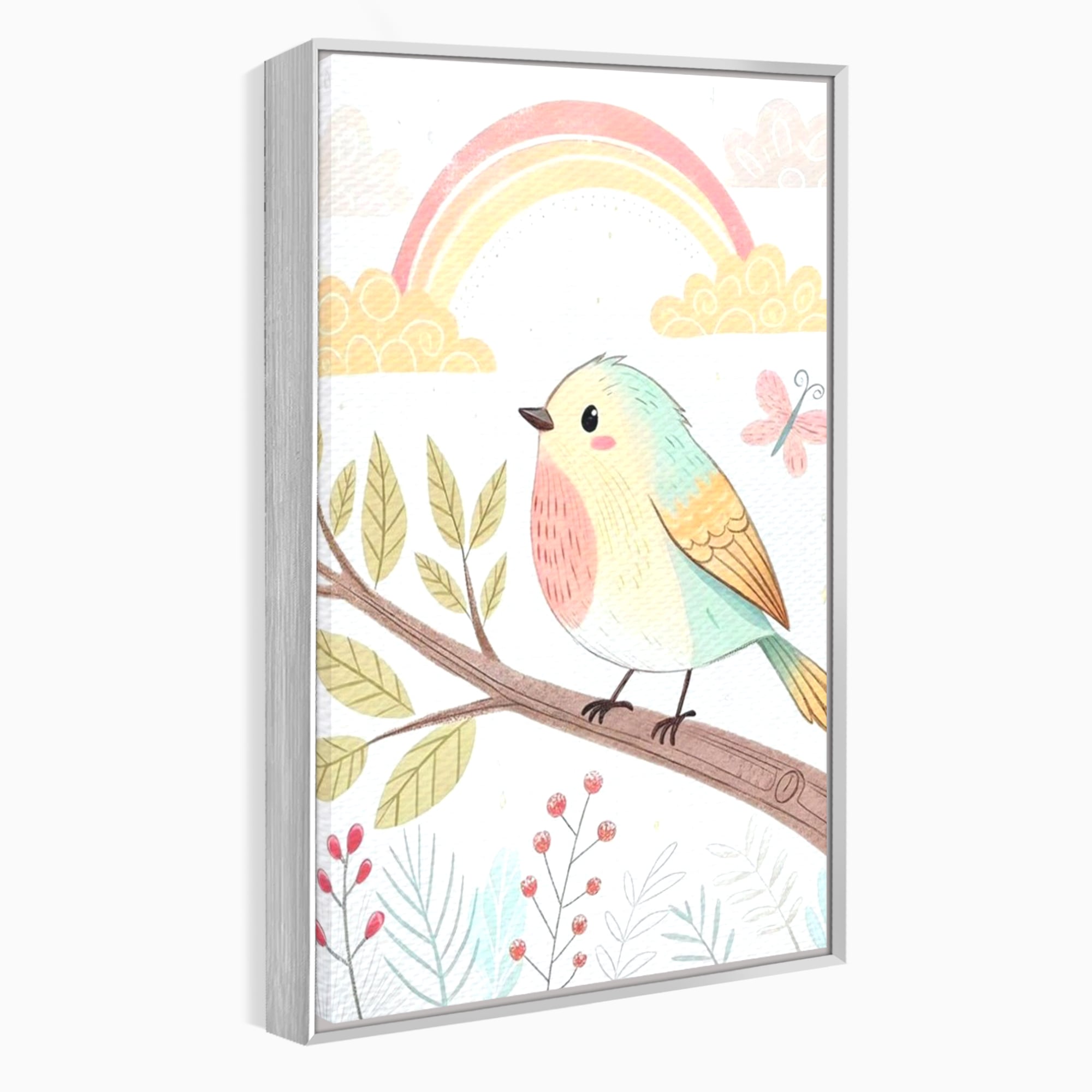 Tablou canvas cu tablou canvas cu pasare pe ramura, in rama de aluminiu argintiu