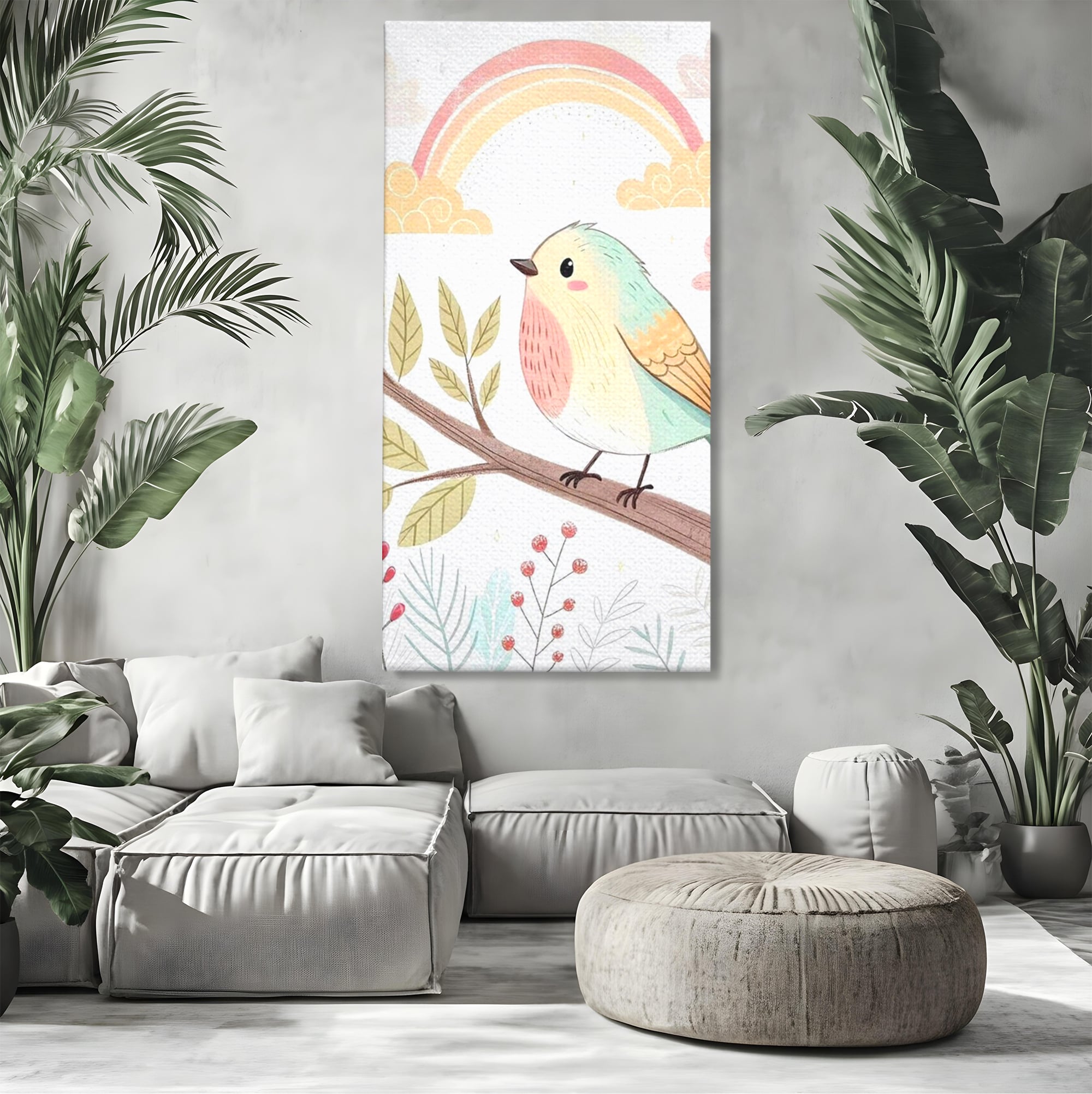 Tablou canvas cu tablou canvas cu pasare pe ramura, fara rama, pe sasiu de lemn, pe perete intr-un living