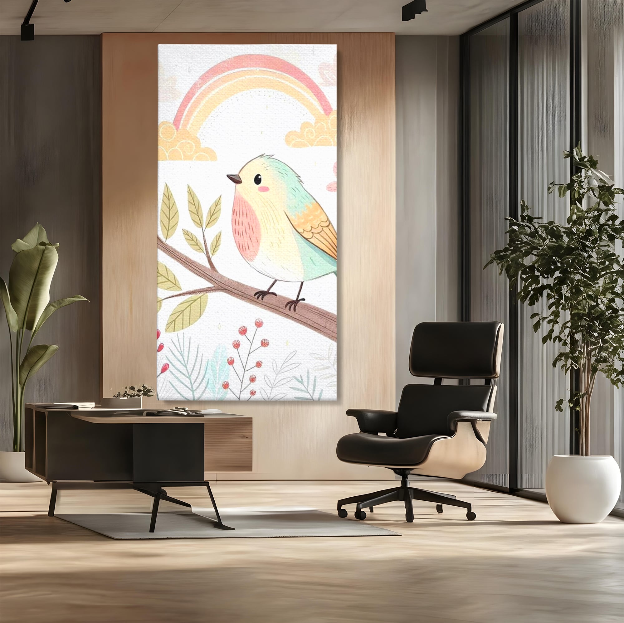 Tablou canvas cu tablou canvas cu pasare pe ramura, fara rama, pe sasiu de lemn, pe perete intr-un birou