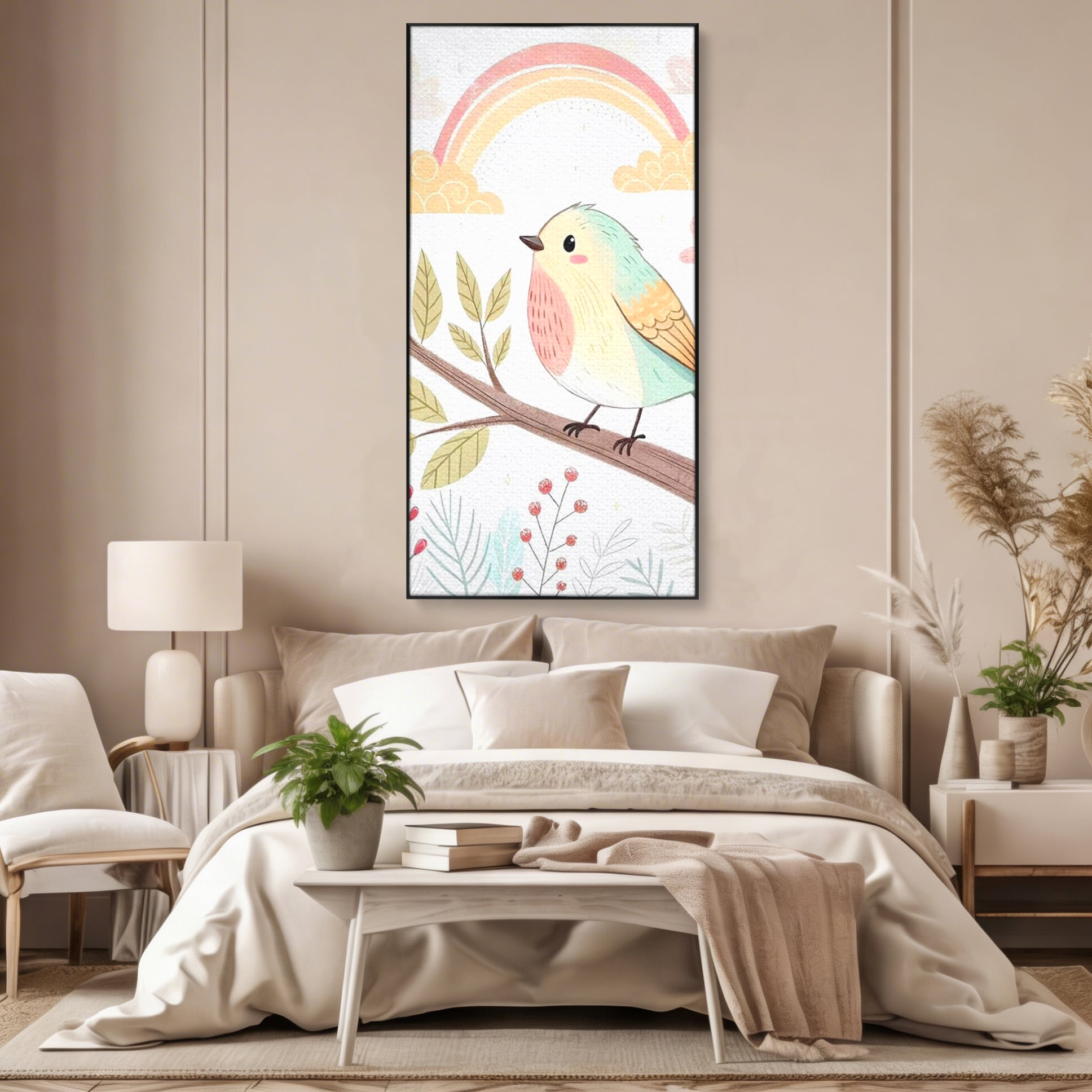 Tablou canvas cu tablou canvas cu pasare pe ramura, in rama de aluminiu negru, pe perete intr-un dormitor
