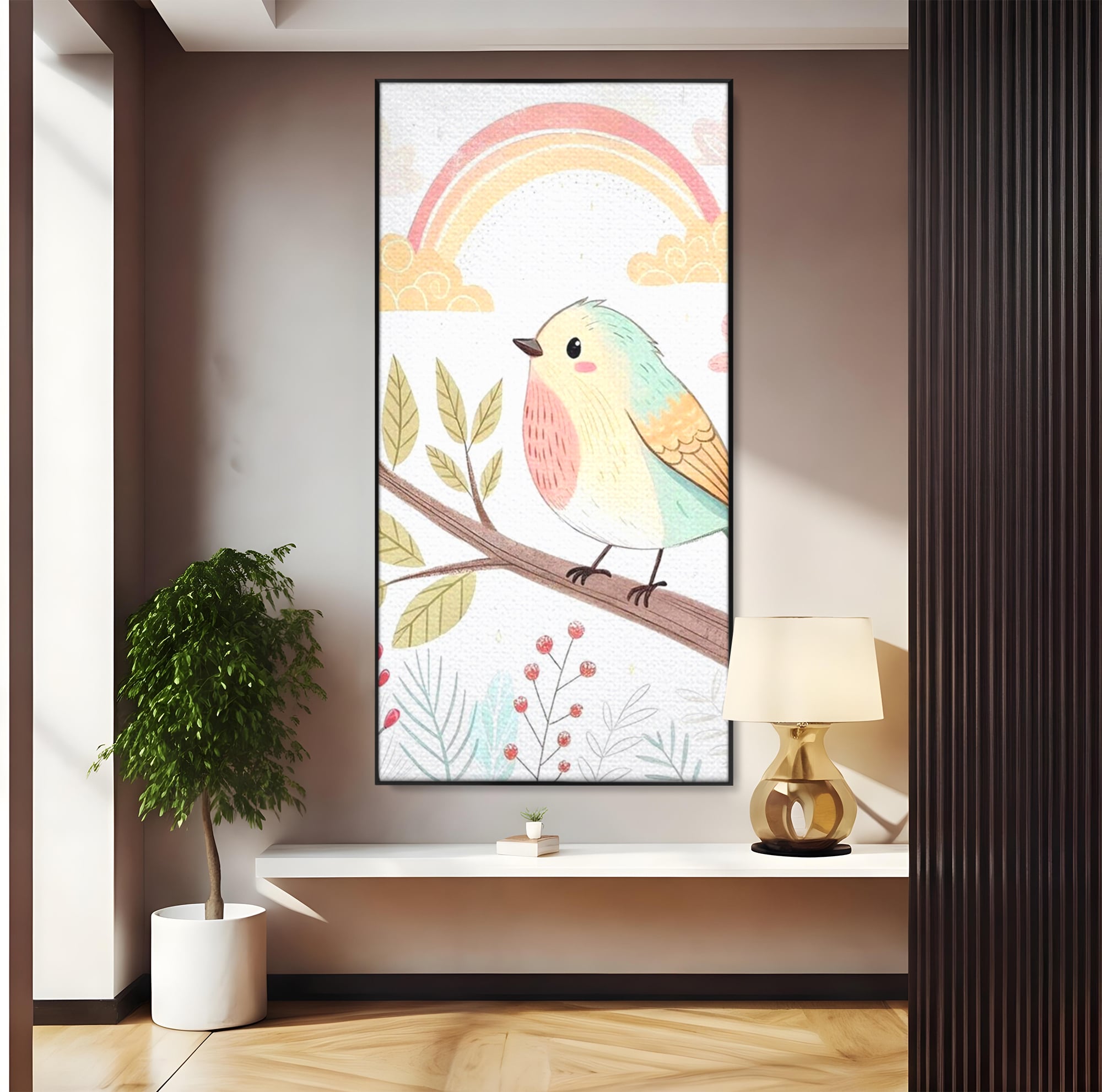 Tablou canvas cu tablou canvas cu pasare pe ramura, in rama de aluminiu negru