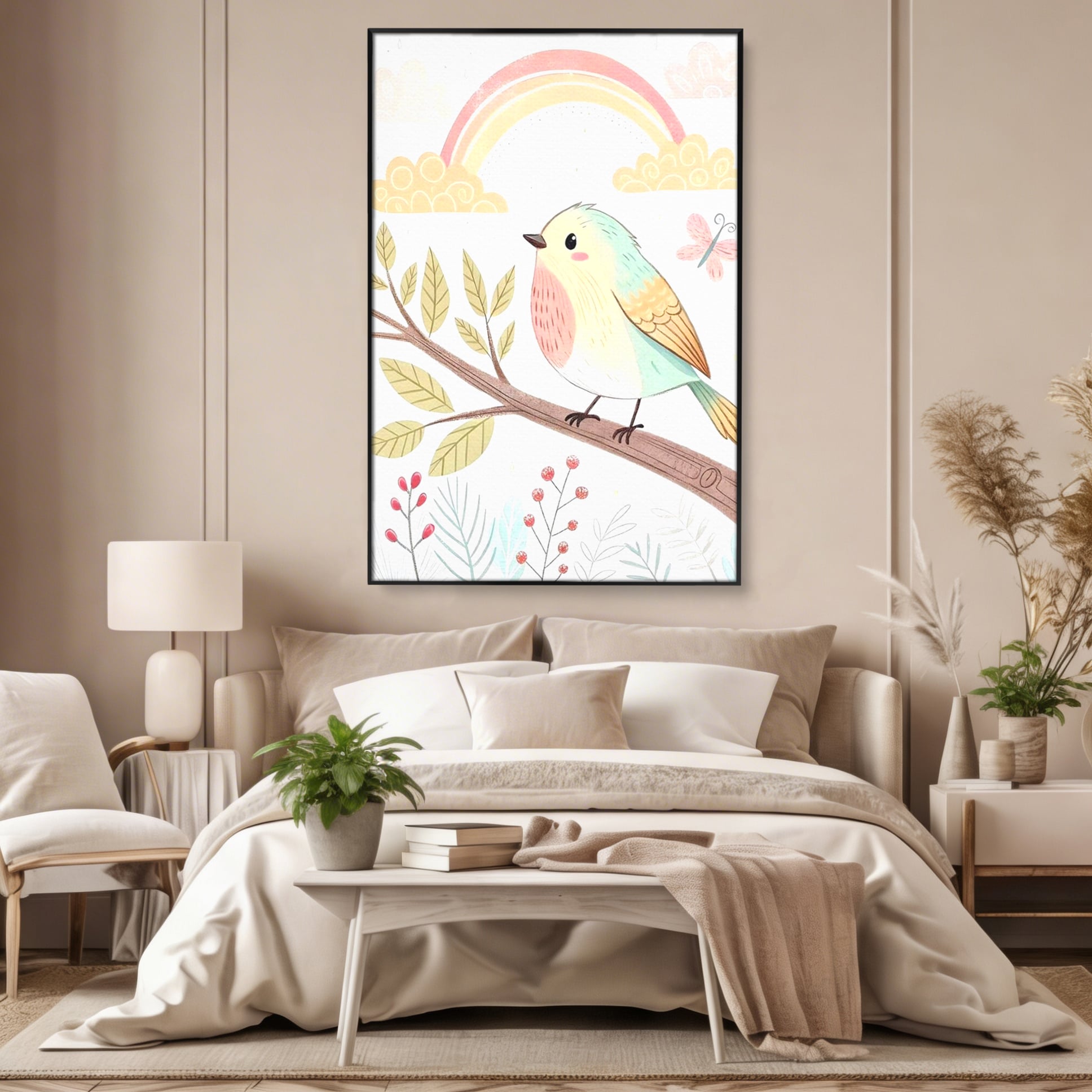 Tablou canvas cu tablou canvas cu pasare pe ramura, in rama de aluminiu negru, pe perete intr-un dormitor