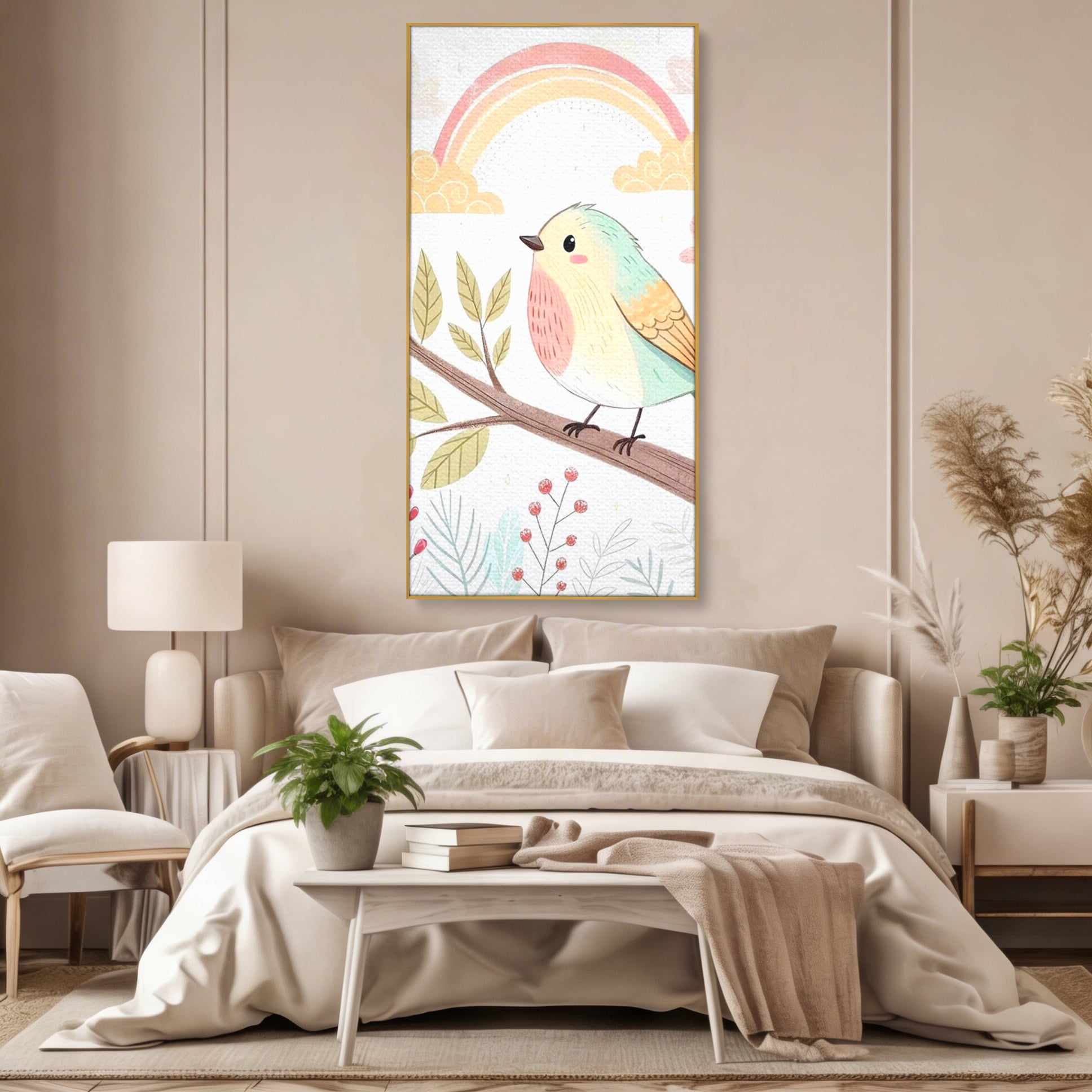 Tablou canvas cu tablou canvas cu pasare pe ramura, in rama de aluminiu auriu, pe perete intr-un dormitor