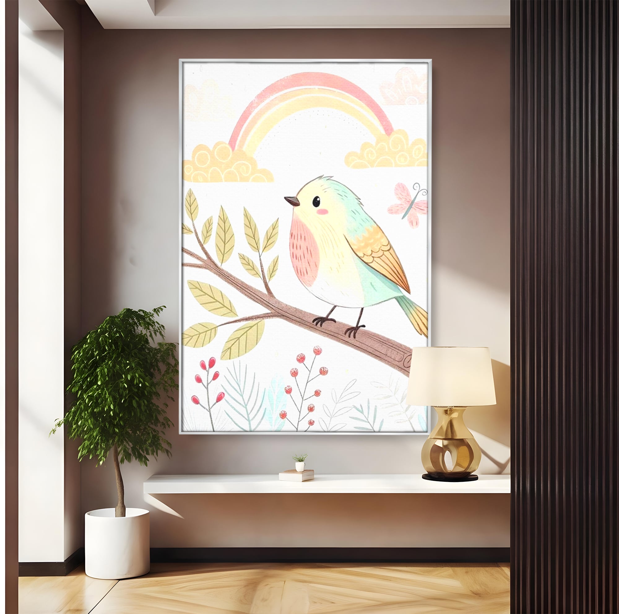 Tablou canvas cu tablou canvas cu pasare pe ramura, in rama de aluminiu argintiu