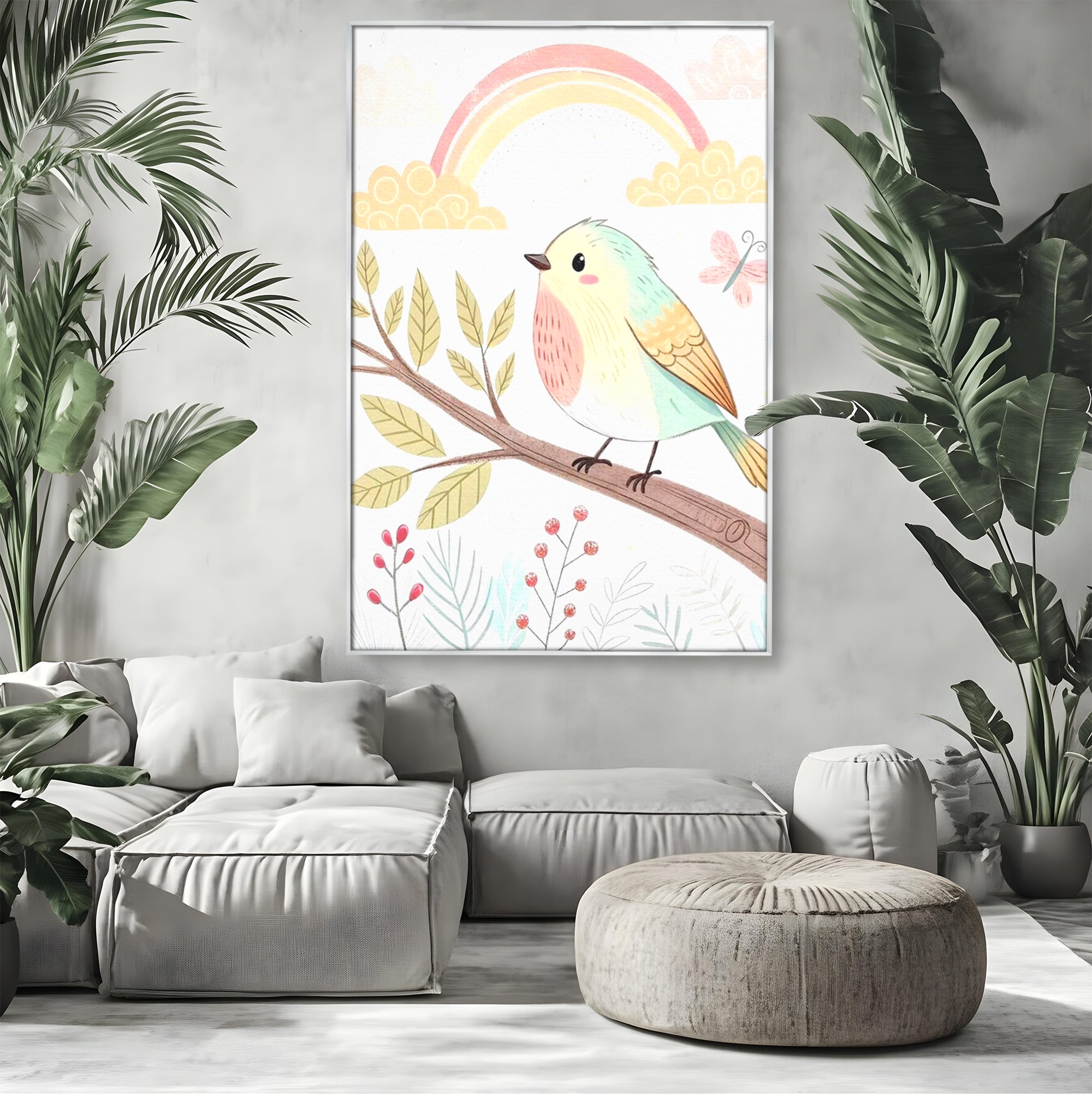 Tablou canvas cu tablou canvas cu pasare pe ramura, in rama de aluminiu argintiu, pe perete intr-un living