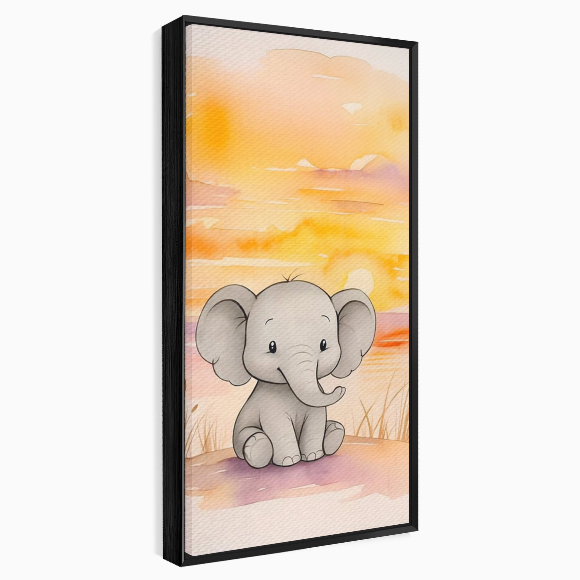Tablou canvas cu tablou canvas cu un elefantel acuarela, in rama de aluminiu negru
