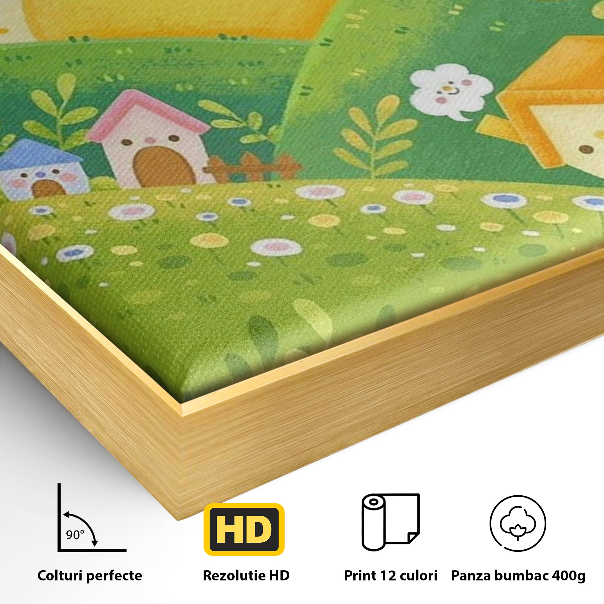 Detaliu al suprafetei: ilustratie cu soare zambitor si casute, in rama de aluminiu auriu