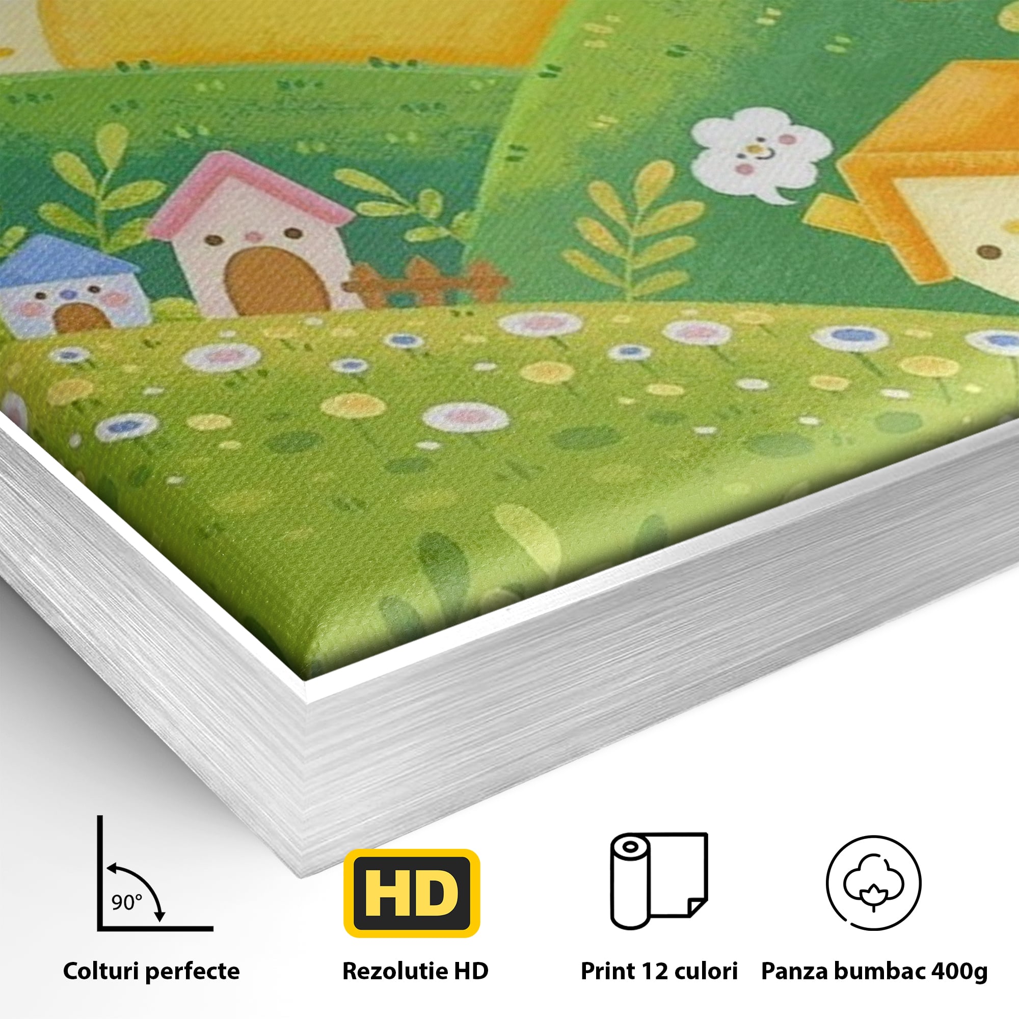 Detaliu al suprafetei: ilustratie cu soare zambitor si casute, in rama de aluminiu argintiu