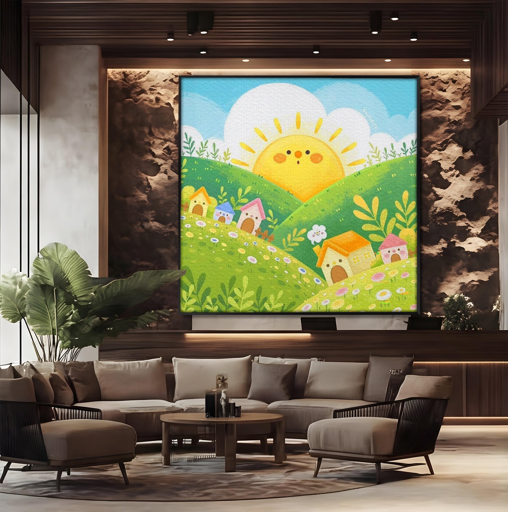Tablou canvas cu ilustratie cu soare zambitor si casute, in rama de aluminiu negru, pe perete intr-un birou