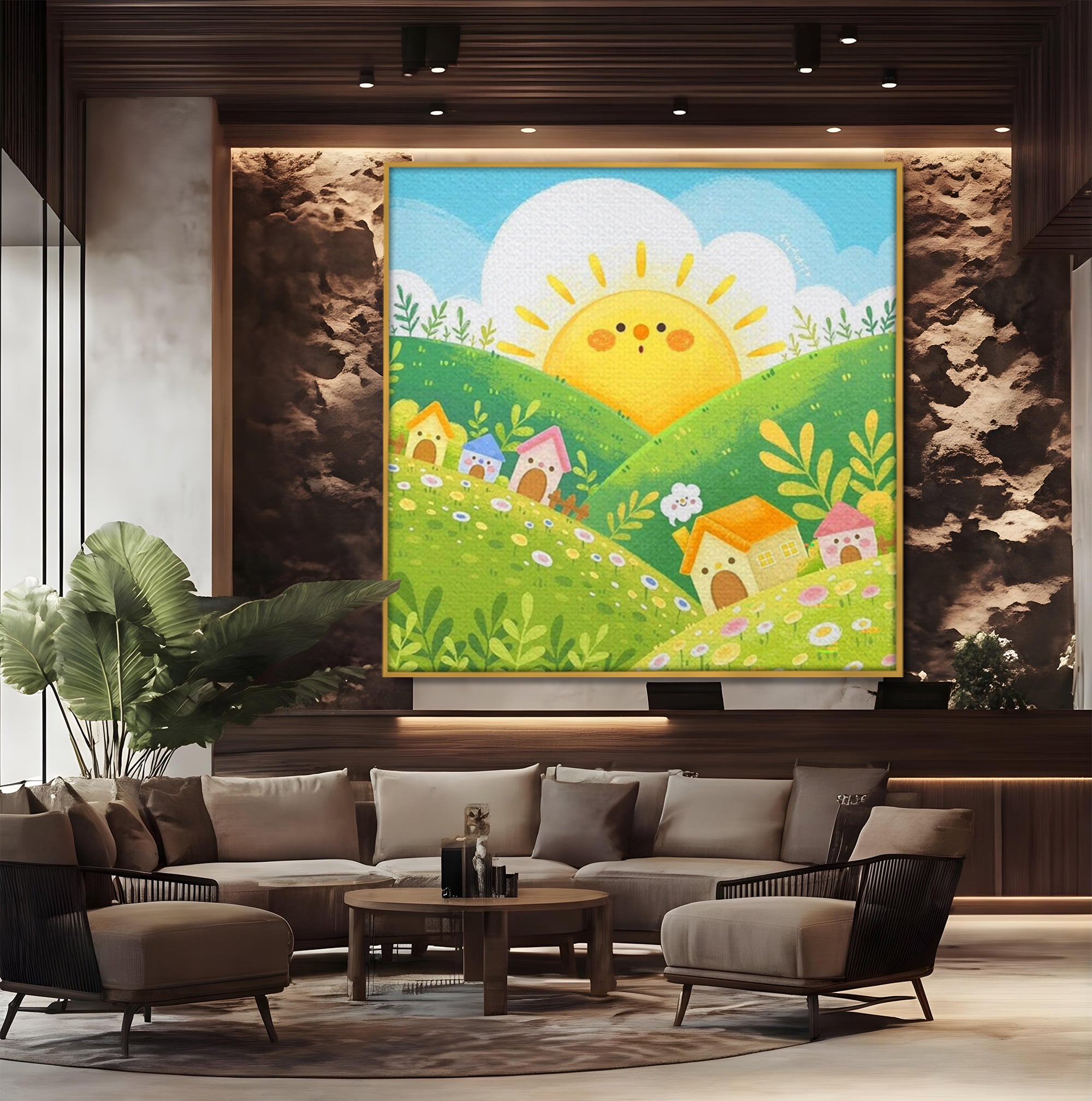 Tablou canvas cu ilustratie cu soare zambitor si casute, in rama de aluminiu auriu, pe perete intr-un birou