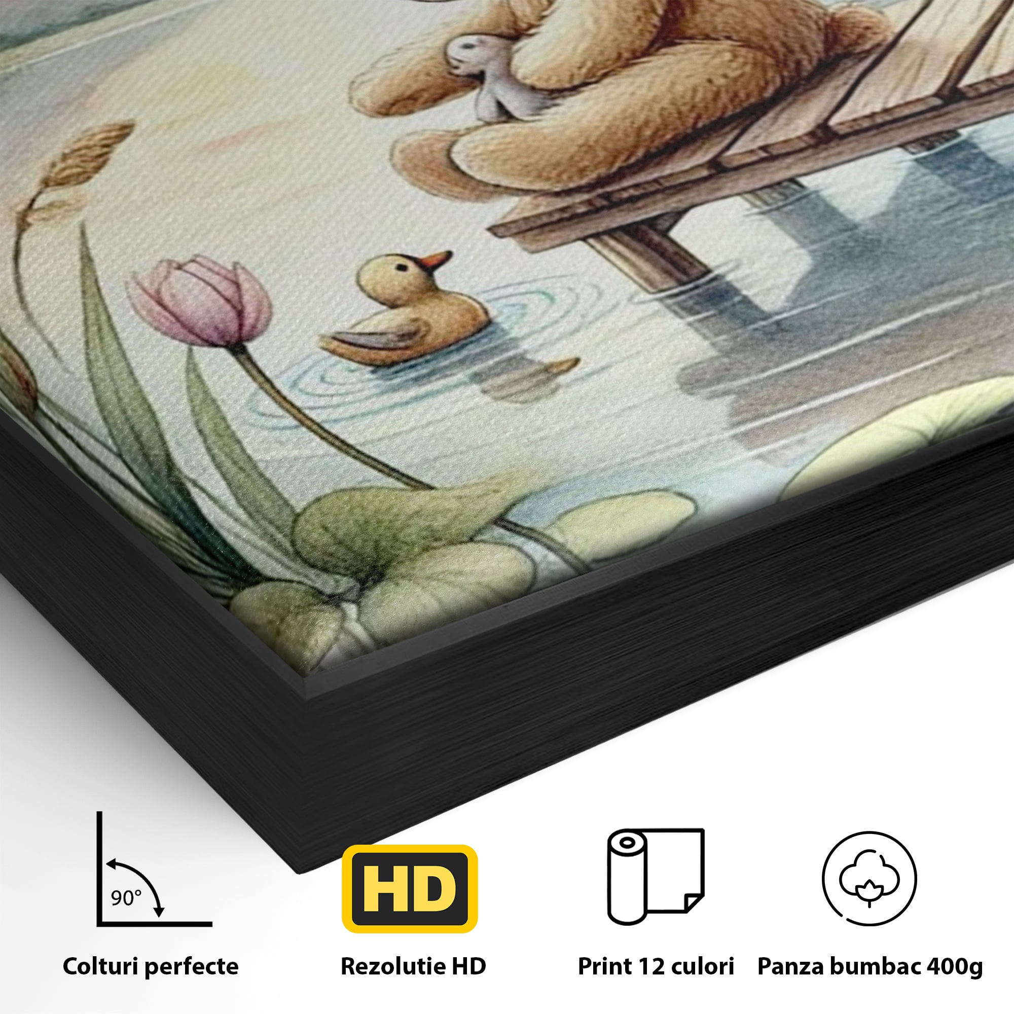 Detaliu al suprafetei: tablou canvas cu ursulet pe ponton, in rama de aluminiu negru