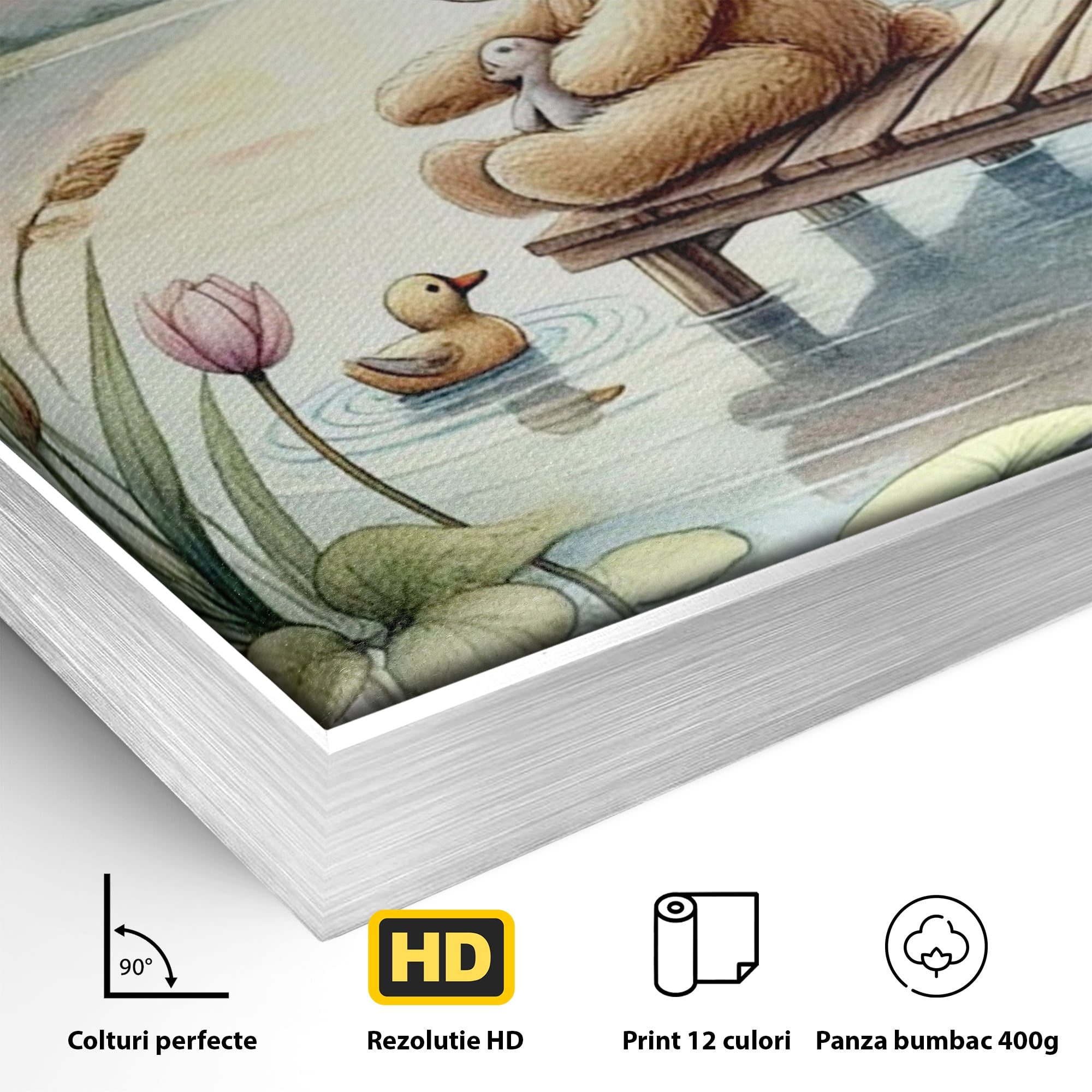 Detaliu al suprafetei: tablou canvas cu ursulet pe ponton, in rama de aluminiu argintiu
