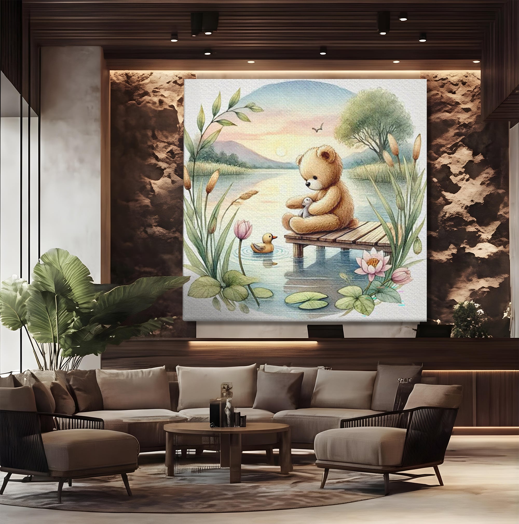 Tablou canvas cu tablou canvas cu ursulet pe ponton, fara rama, pe sasiu de lemn, pe perete intr-un birou