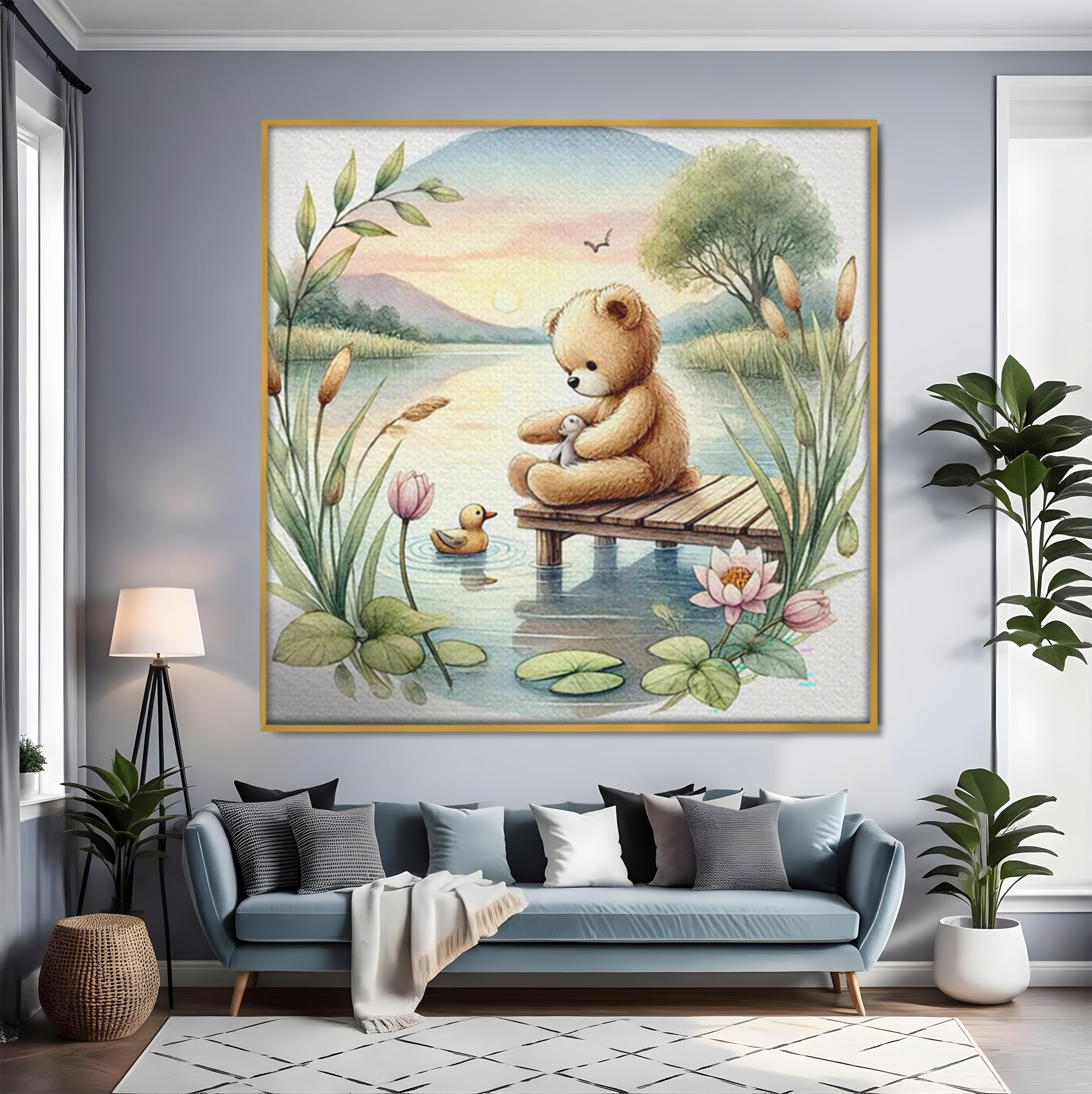 Tablou canvas cu tablou canvas cu ursulet pe ponton, in rama de aluminiu auriu, pe perete intr-un living