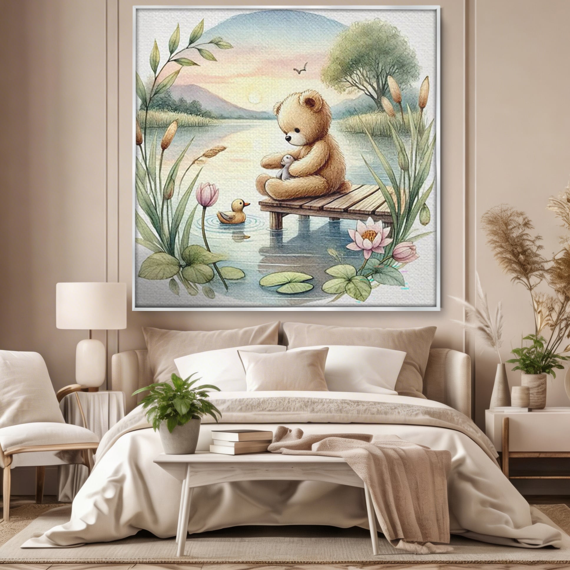 Tablou canvas cu tablou canvas cu ursulet pe ponton, in rama de aluminiu argintiu, pe perete intr-un dormitor